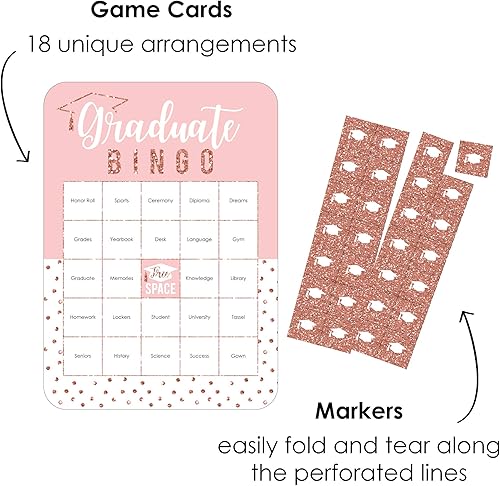 Miniatura 2 de Big Dot of Happiness Grad de oro rosa - Tarjetas de bingo y marcadores - Juego de bingo en forma de fiesta de graduación - Juego de 18