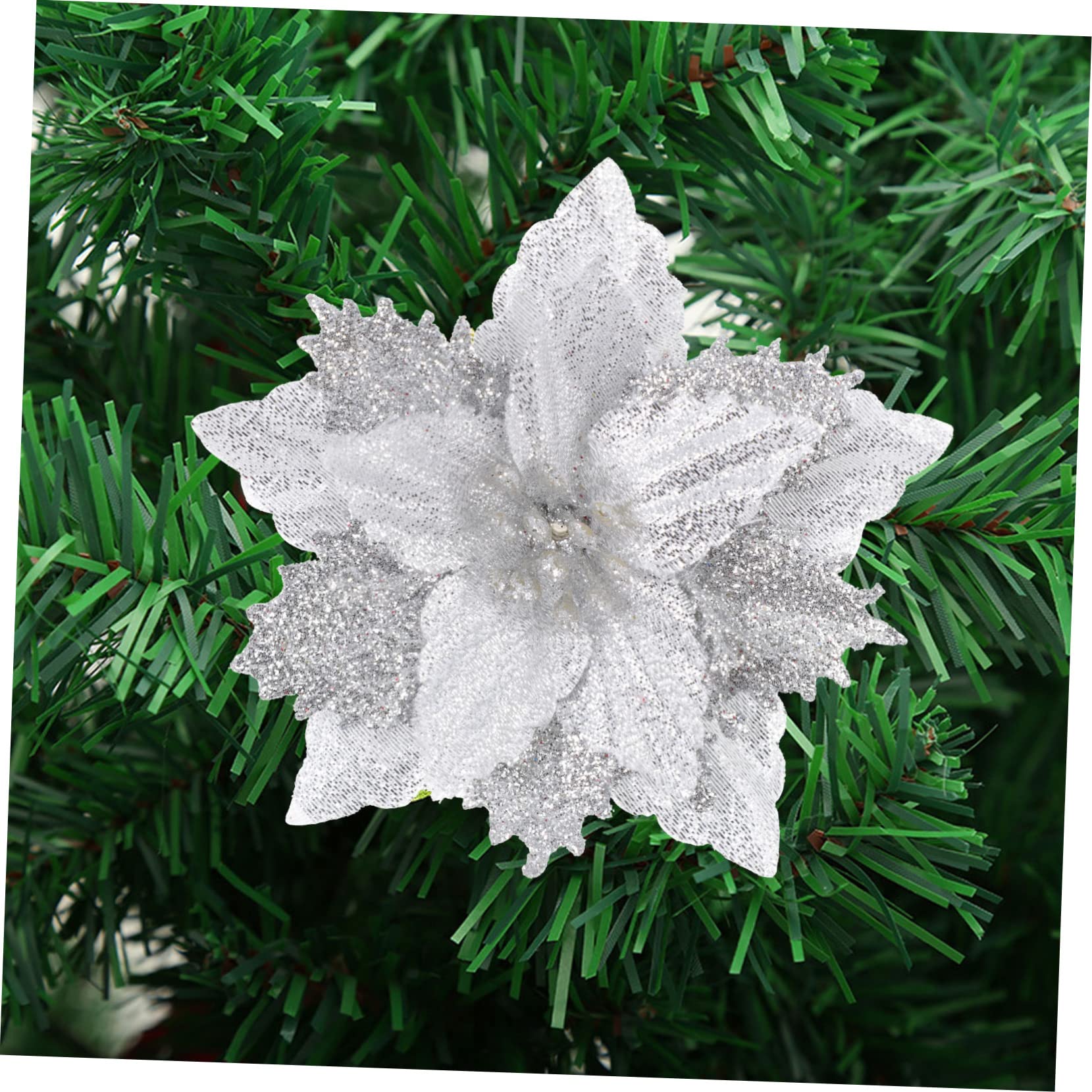 64 pcs Fleur de Noël Artificielle Fleur de Noël Fête Fleur Prop Poinsettia Fleurs Artificielles Noël Paillettes Fleurs Vacances Paillettes Poudre Fleurs Artificielles Arbre de Noël