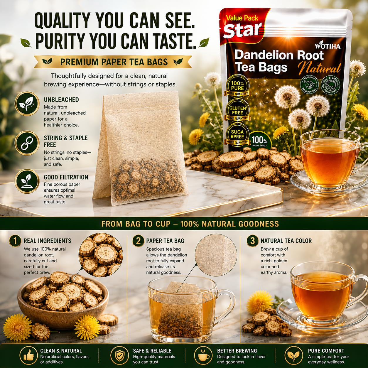 WOTIHA 60 Count Premium Dandelion Root Tea Bags - 100% Natural Roasted, Supports Liver & Kidney Health, Digestion & Immunity, Caffeine-Free, Additive-Free, Gluten-Free, Vegan. thumbnail