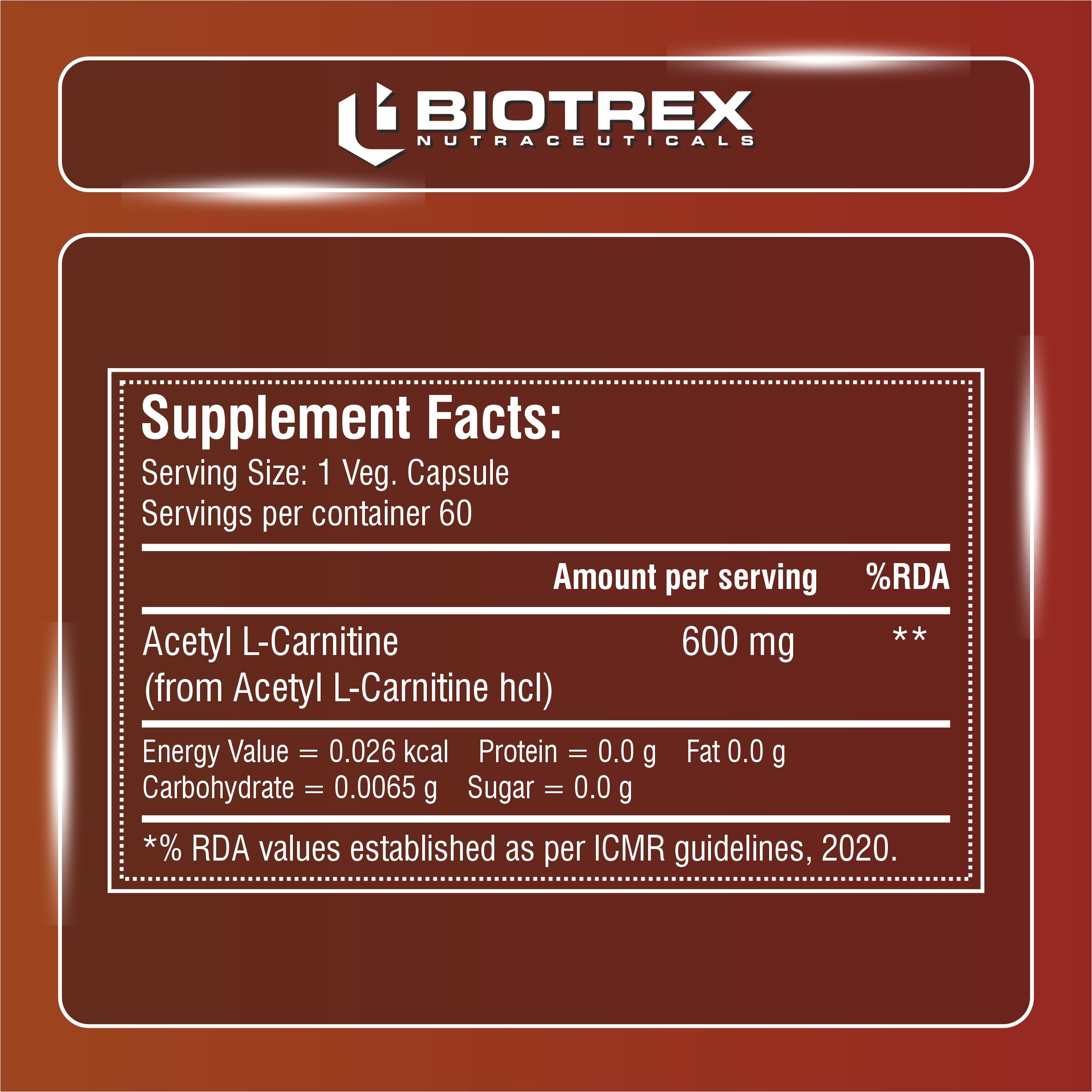 Biotrex Nutraceuticals Acetyl L-Carnitine (ALCAR) 600mg | Nervous System, Cognitive Function & Mitochondrial Metabolism | Energy Production - 60 Veg Capsules — Amazon image 2