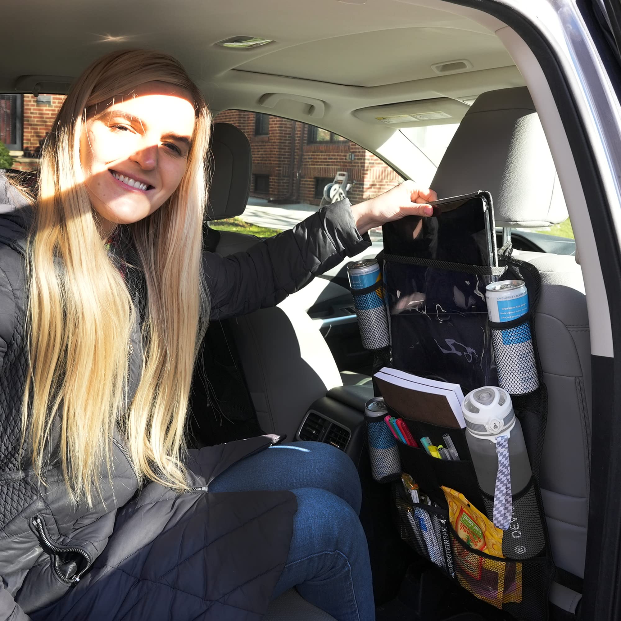 Organizador de asiento de coche – Juego de 2 organizadores de coche y almacenamiento con 10 bolsillos, organizador de almacenamiento para tablet para niños – Organizador de asiento trasero