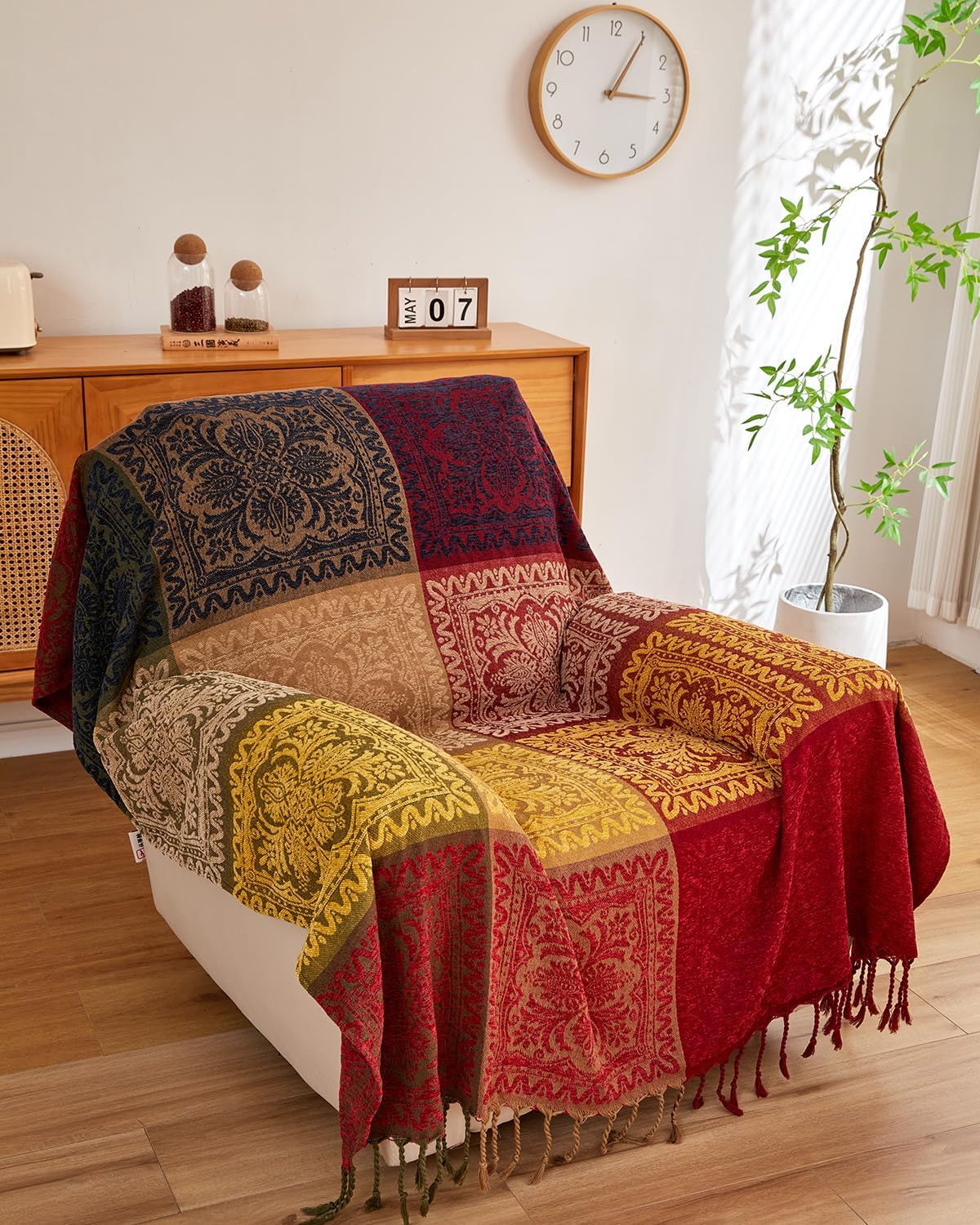 AIVIA Boho Throw Blanket, Chenille Jacquard Colorful Bohemian Chair Recliner Furniture Cover Aztec Hippie Throws Loveseat Sofa Blankets (60" x 75", Red Green Navy Yellow)