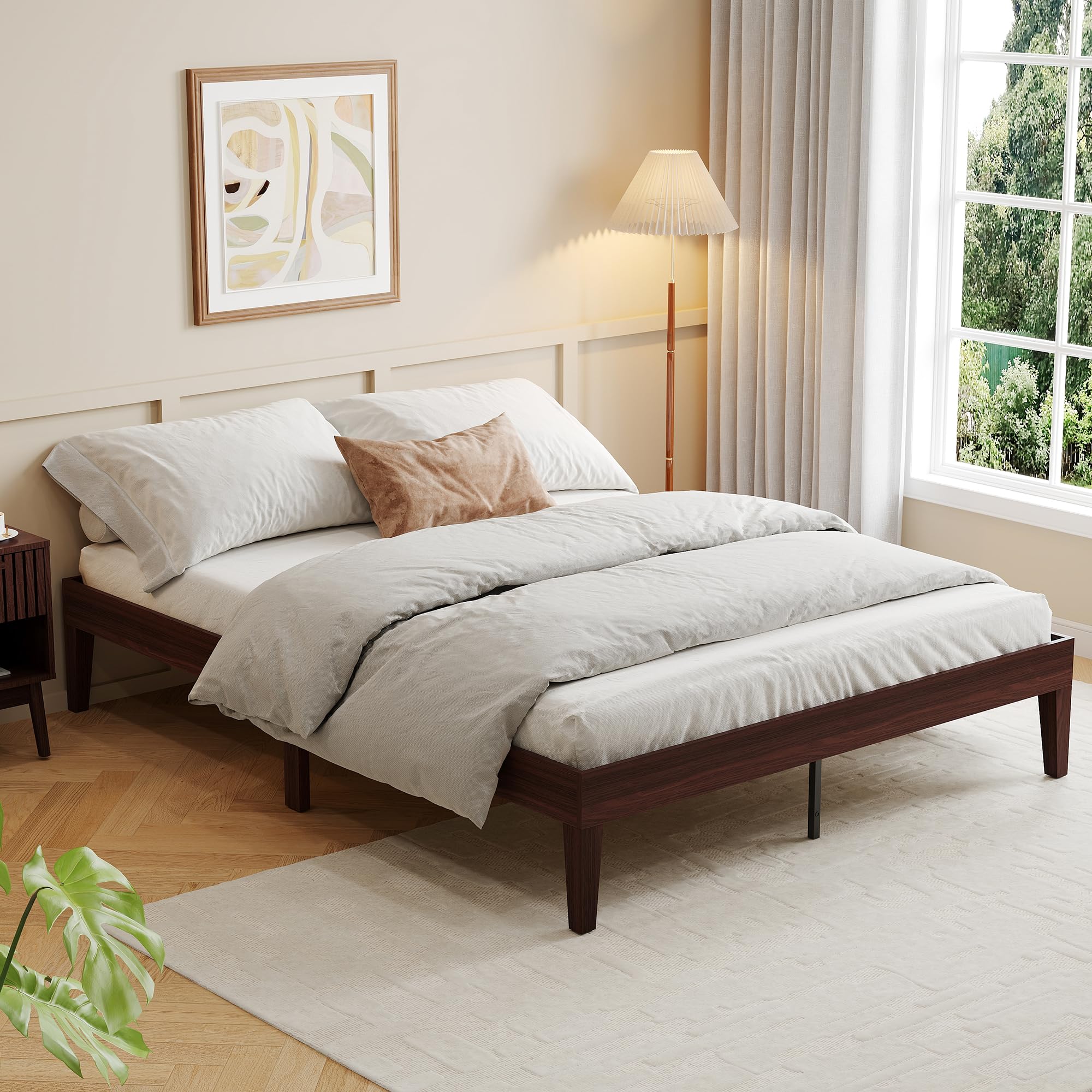 garvee queen size bed frame,14 inch natural sturdy wood platform bed with strong wood slats support,noise-free design,easy assembly,no box spring neededd,wooden bed frame without headboard,dark walnut