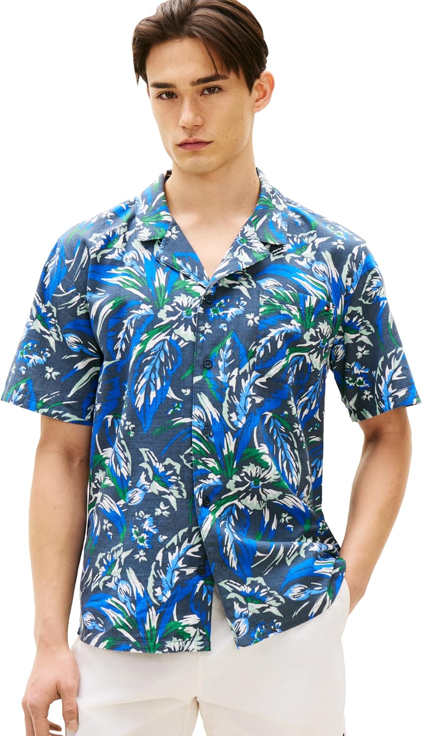 Tommy Hilfiger Men's Lightweight Short Sleeve Cotton Beach Print Shirt with Pocket, Men's Casual Button Down Summer Shirts