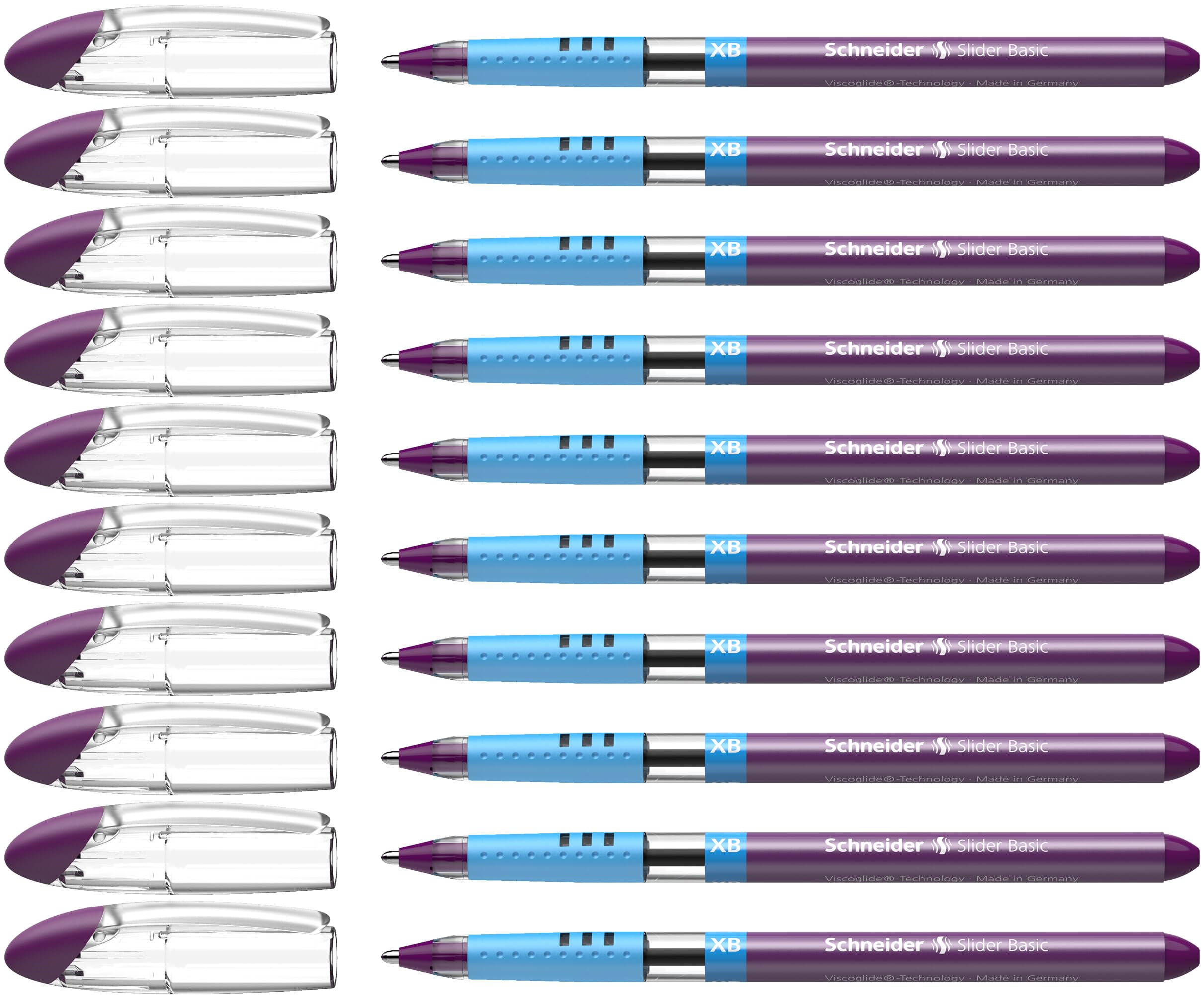 Schneider Slider Basic XB (Extra Broad) Ballpoint Pen, 1.4 mm, Transparent Barrel, Violet Ink, Box of 10 Pens (151208)