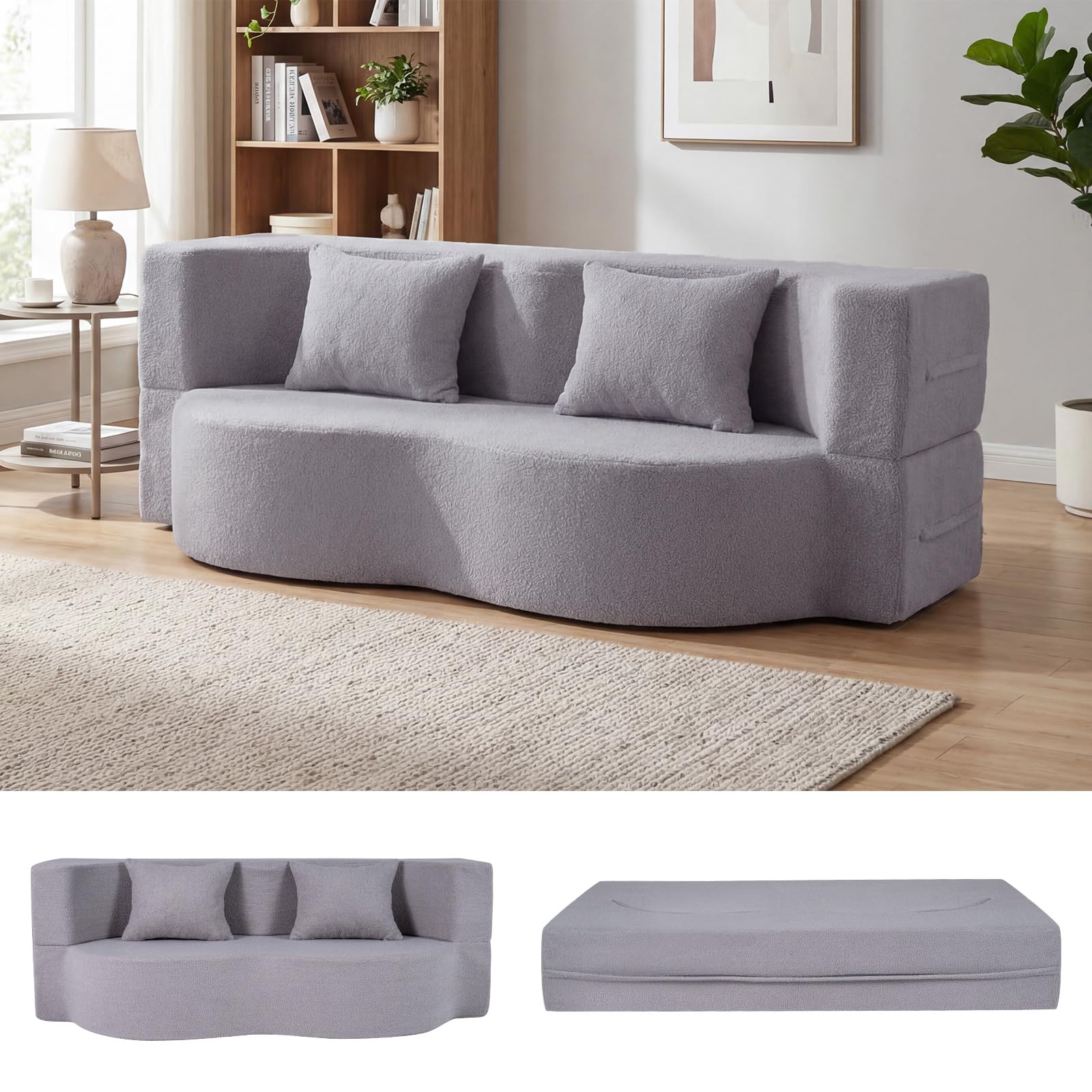 COSTWAY 2 in 1 Divano Letto Pieghevole, Divano a 2 Posti in Pile Teddy con 2 Cuscini Comodi, Nessun Montaggio, Divanetto Convertible Moderno per Soggiorno Camera Ospiti, 192,5x84x62 cm (Grigio)