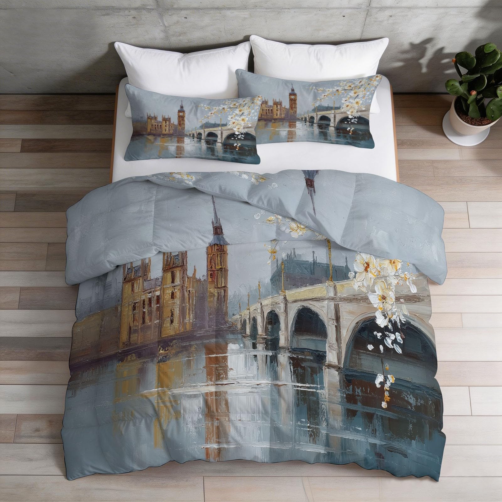 Piumino Reversibile 200x200 cm - Architettura Astratta Ponte - Per l'autunno e l'inverno e per le camere con temperature medie - Tocco Piuma, Caldo, Traspirante, Fiori Bianchi