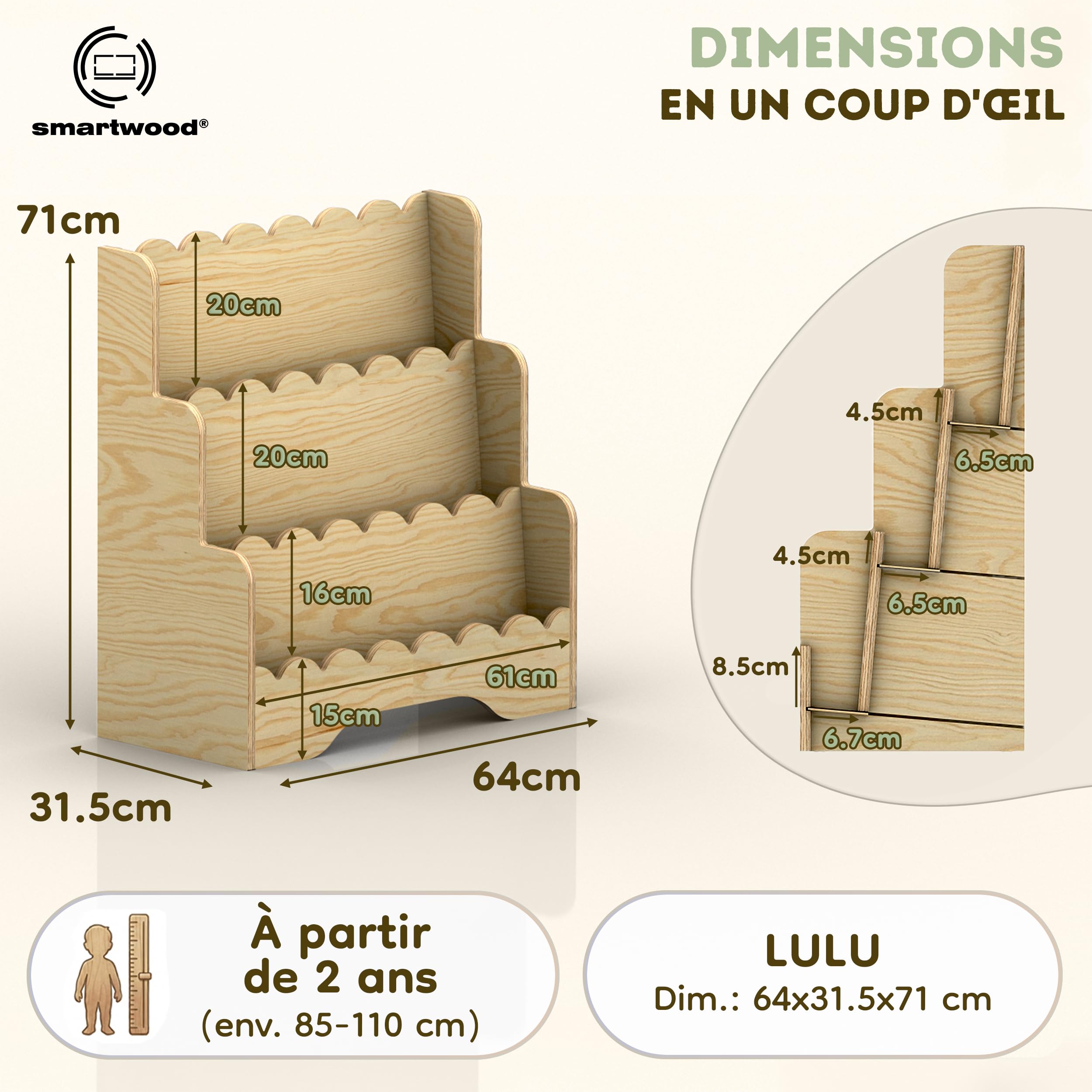 smartwood Bibliothèque Enfant - Étagère Montessori avec 3 Compartiments en Pin Certifié FSC pour Livres et Jouets - 64 x 31,5 x 71 cm - Construction Stable et Montage Facile - Lulu
