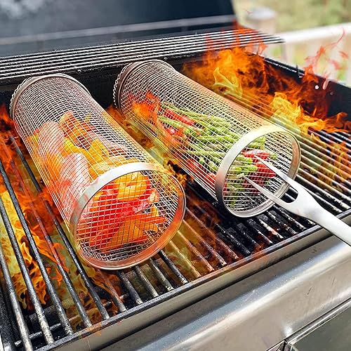 Miniatura 2 de Cesta rodante para barbacoa, accesorios para barbacoa, malla redonda de acero inoxidable para parrilla, cesta de rebanadas de verduras para