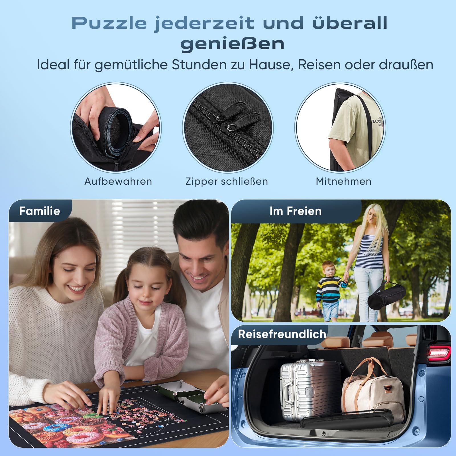 ZOYIDOUX Puzzlematte Rollmatte bis 1500 Teile – Glatte Polyester-Oberfläche, rutschfeste Gummi-Unterseite, 6 Sortierschalen, Klettbänder, Schaumstoffrolle & Tragetasche zur Puzzle Aufbewahrung