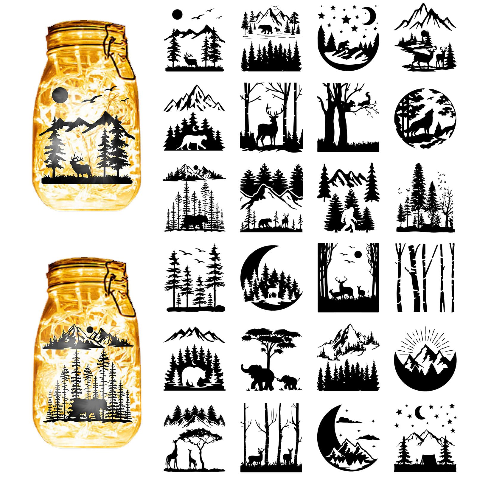 Silhouettes de forêt CREATCABIN pour bocaux lot de 24 découpes laser montagne