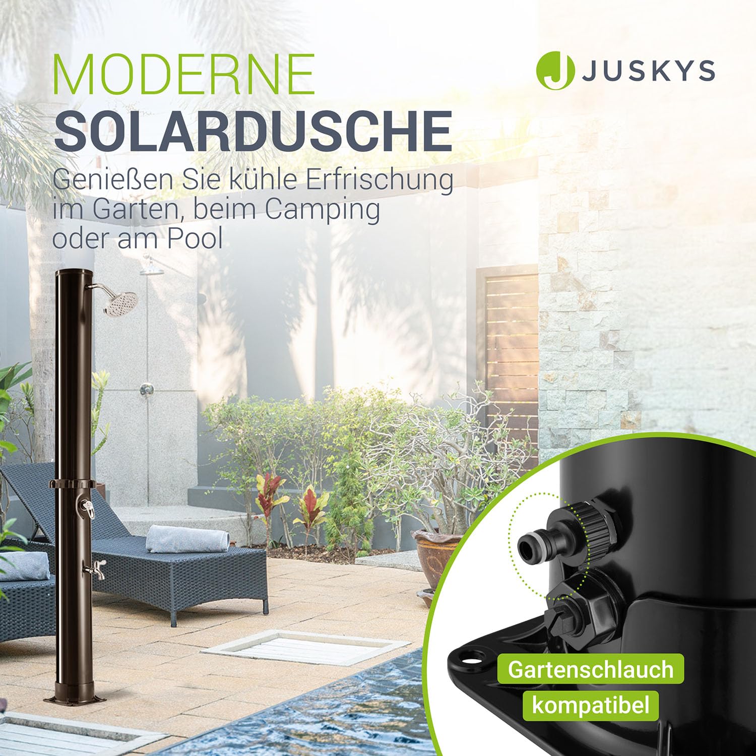 Juskys Solardusche Victoria 20/35 / 40/60 Liter - bis 60°C – mit schwenkbarem Duschkopf, Fußdusche & Gartenschlauch Anschluss Gartendusche Außendusche