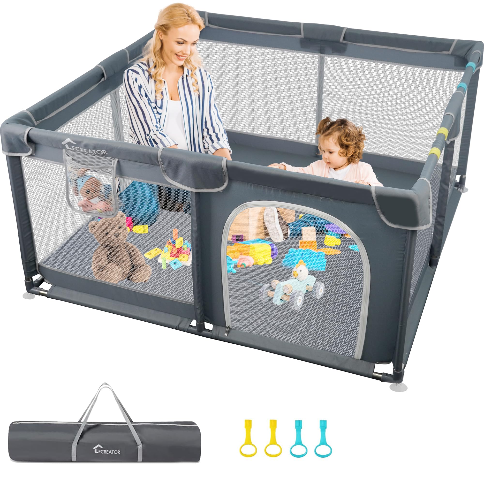 Kids Playpen for Babies and Toddlers, Large Square Baby Playpen Indoor & Outdoor Use, Easy Assembly Baby Fence with Breathable Mesh, Portable Baby Play Yard 50"x50"-Grey.