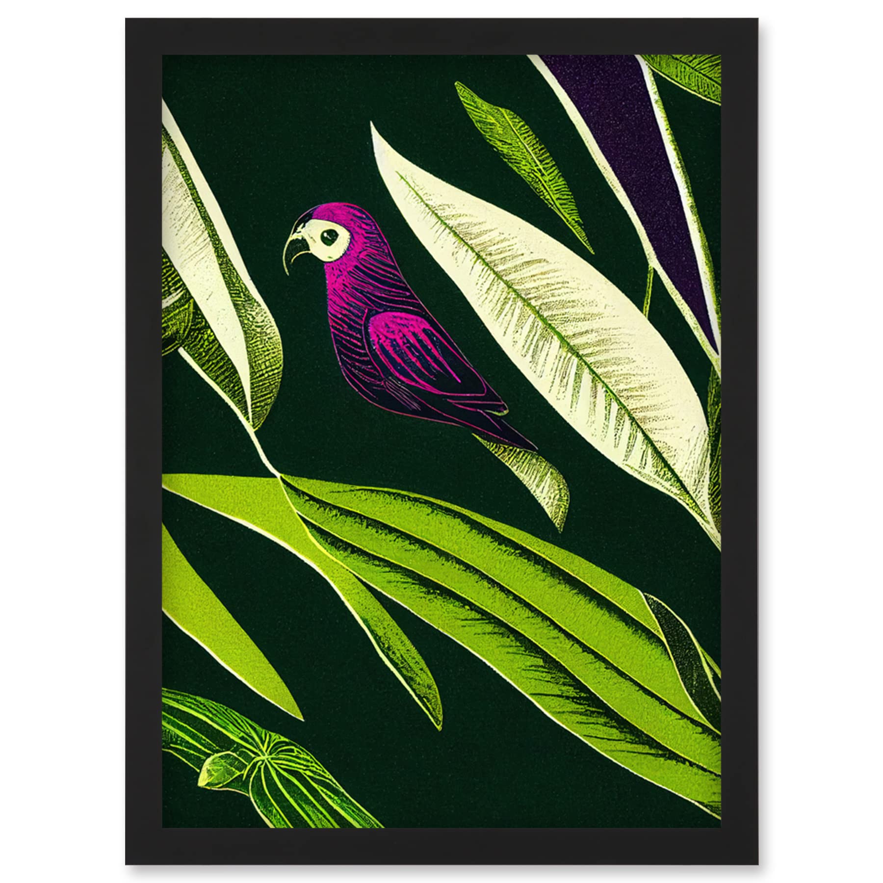 Wee Blue Coo Pink Parrot and Tropical Plant Leaves Vintage Linocut Pattern Detail Artwork Framed Wall Art Print A4