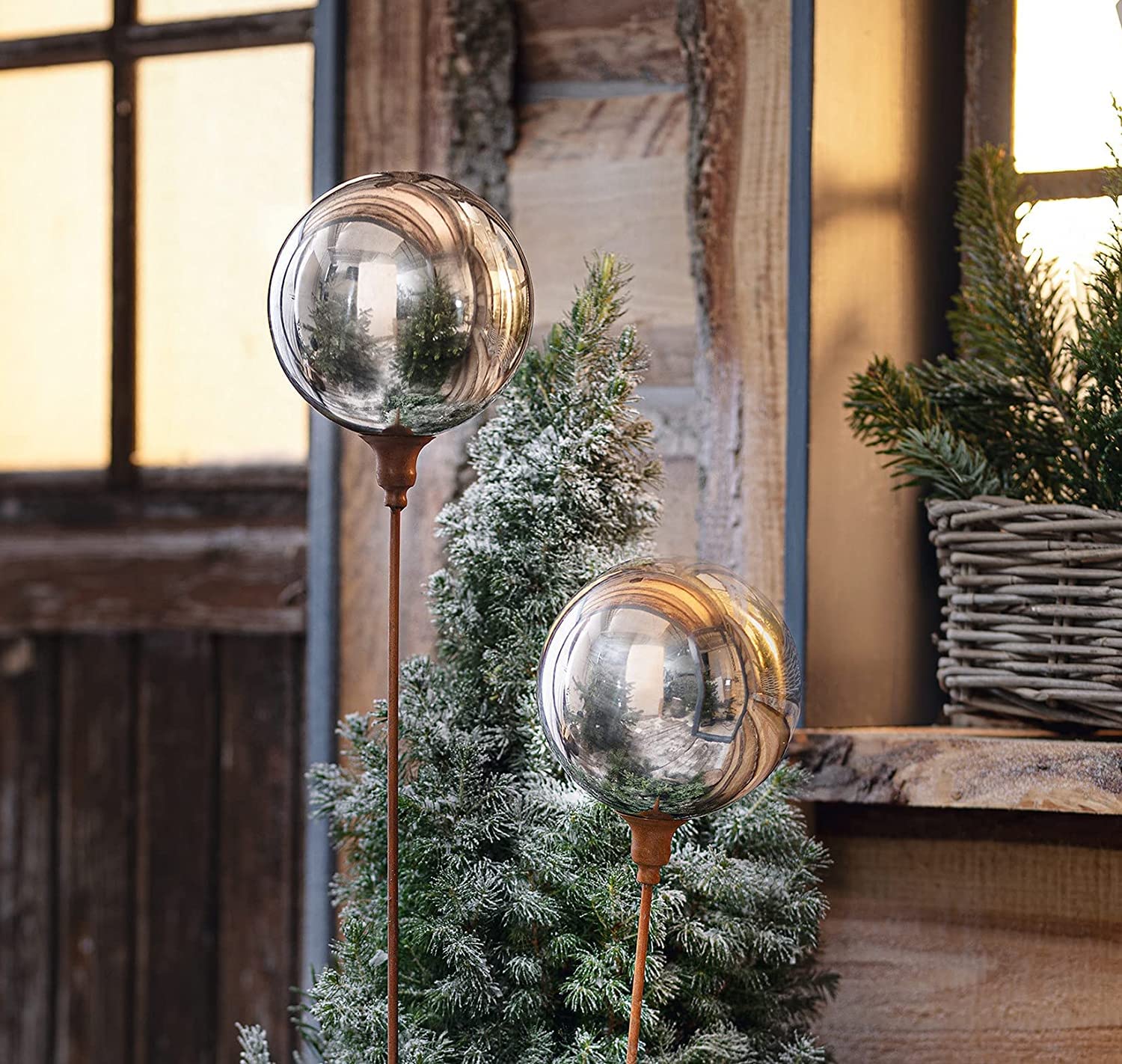 Dekoleidenschaft Boule de jardin en métal aspect rouille, 118 cm de haut, fiche décorative avec boule miroir, décoration de jardin pour l'extérieur, piquet en métal
