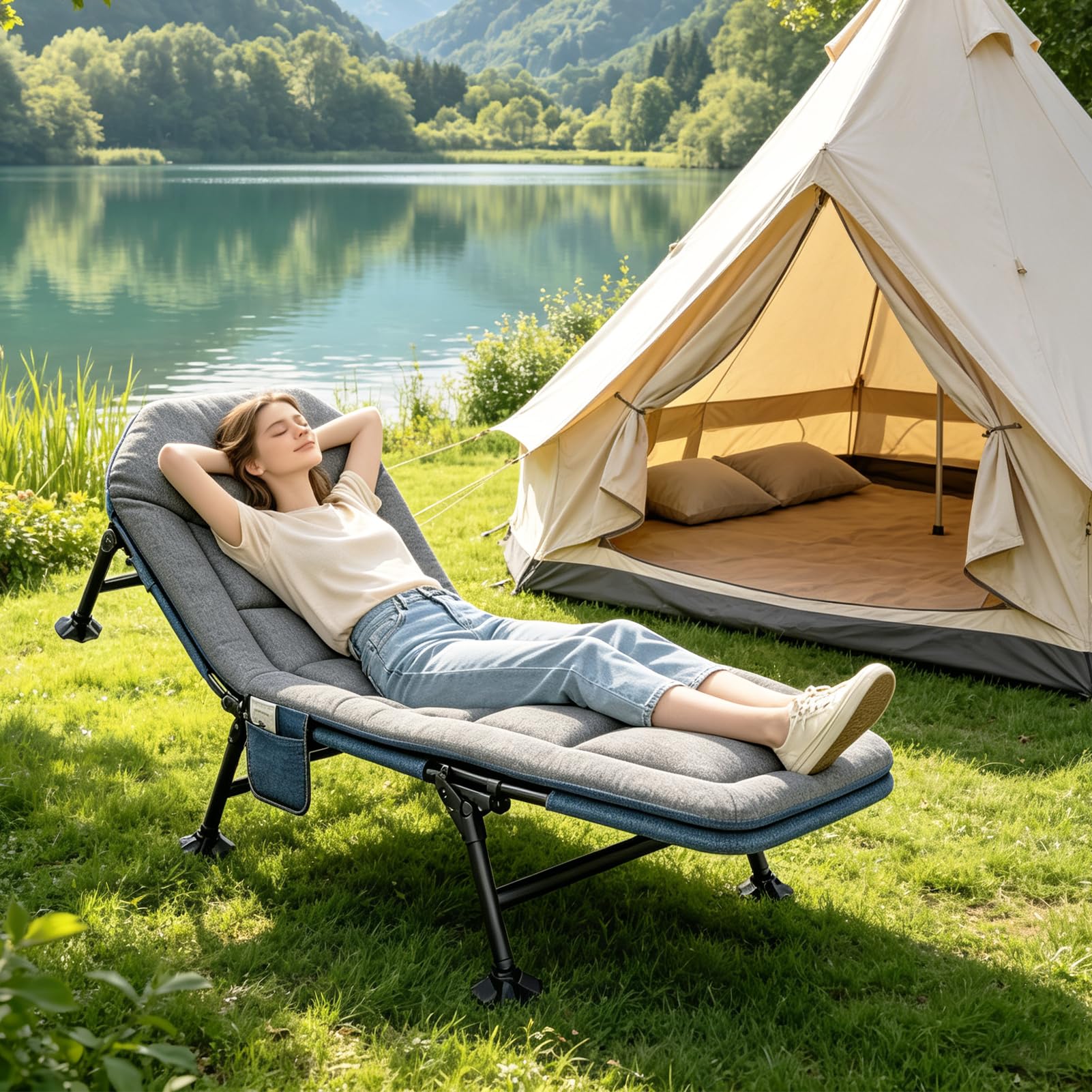 Lit de camp pliable - 190 x 68 x 30 cm - Chaise longue de jardin pliable - Charge maximale : 150 kg - Avec matelas - Lit de camping réglable - Gris