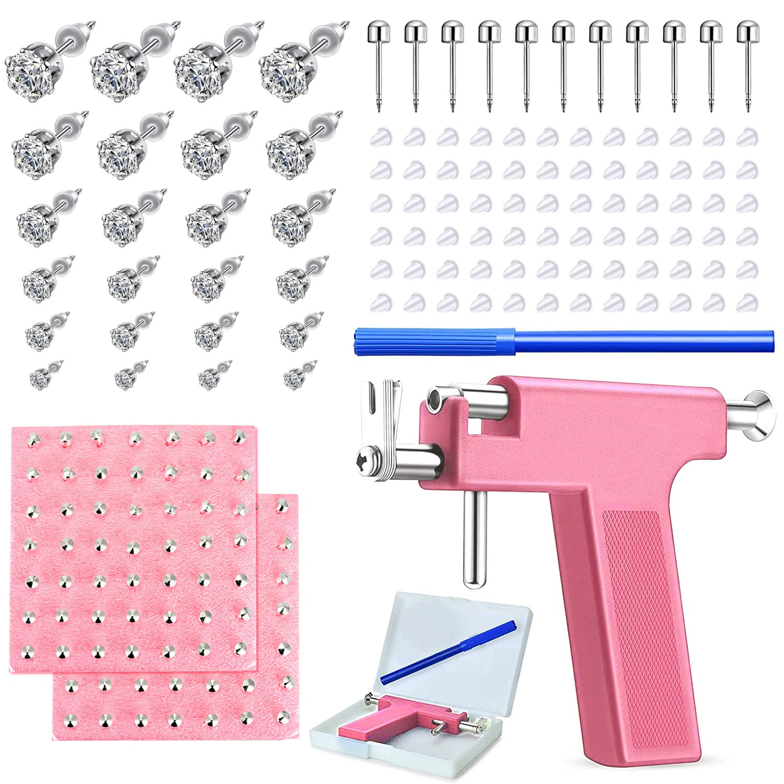 Longbeauty Juego de 224 pistolas perforadoras de acero inoxidable con arma para piercing de oreja, perno para pendientes, piercing corporal, juego de herramientas para ombligo, nariz, labio, septum,