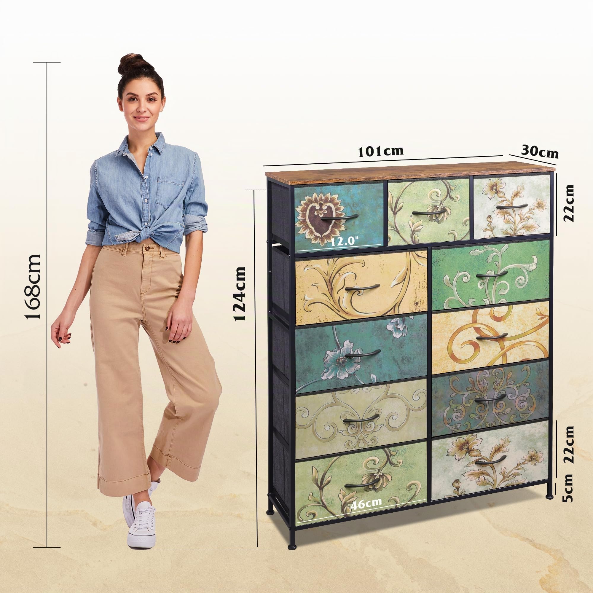 WLIVE Cómoda de Tela con 11 Cajones Extraíbles, Gabinete con Parte Superior de Madera y Estructura de Acero, Adecuado para Salón, Dormitorio, Pasillo, Habitación De Niños, Bohemia