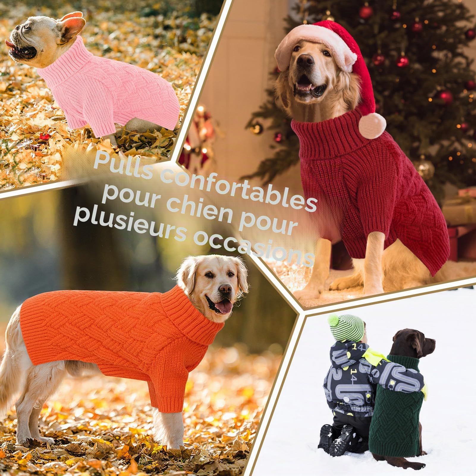 AOFITEE Pull Noel Chien Moyen, Pull Chaud pour Chiens avec Manches de Petite et Moyenne Taille, Epais et Chaud Tricot de Noël à Col Roulé Chiens Sweater Bouledogue Français pour Automne Hiver