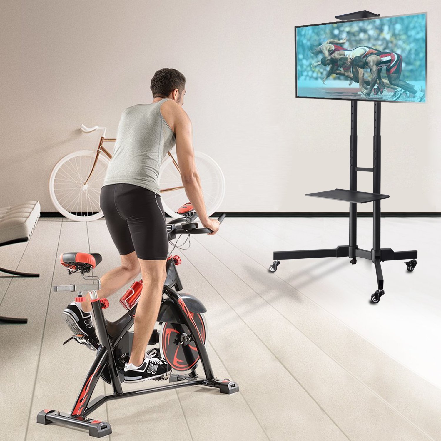 Verstellbarer TV-Ständer mit Rädern und Ablage für LED, LCD, Plasma-Flachbildfernseher, DVD-Konsole und Xbox-Konsole 32-65 Zoll Schwarz