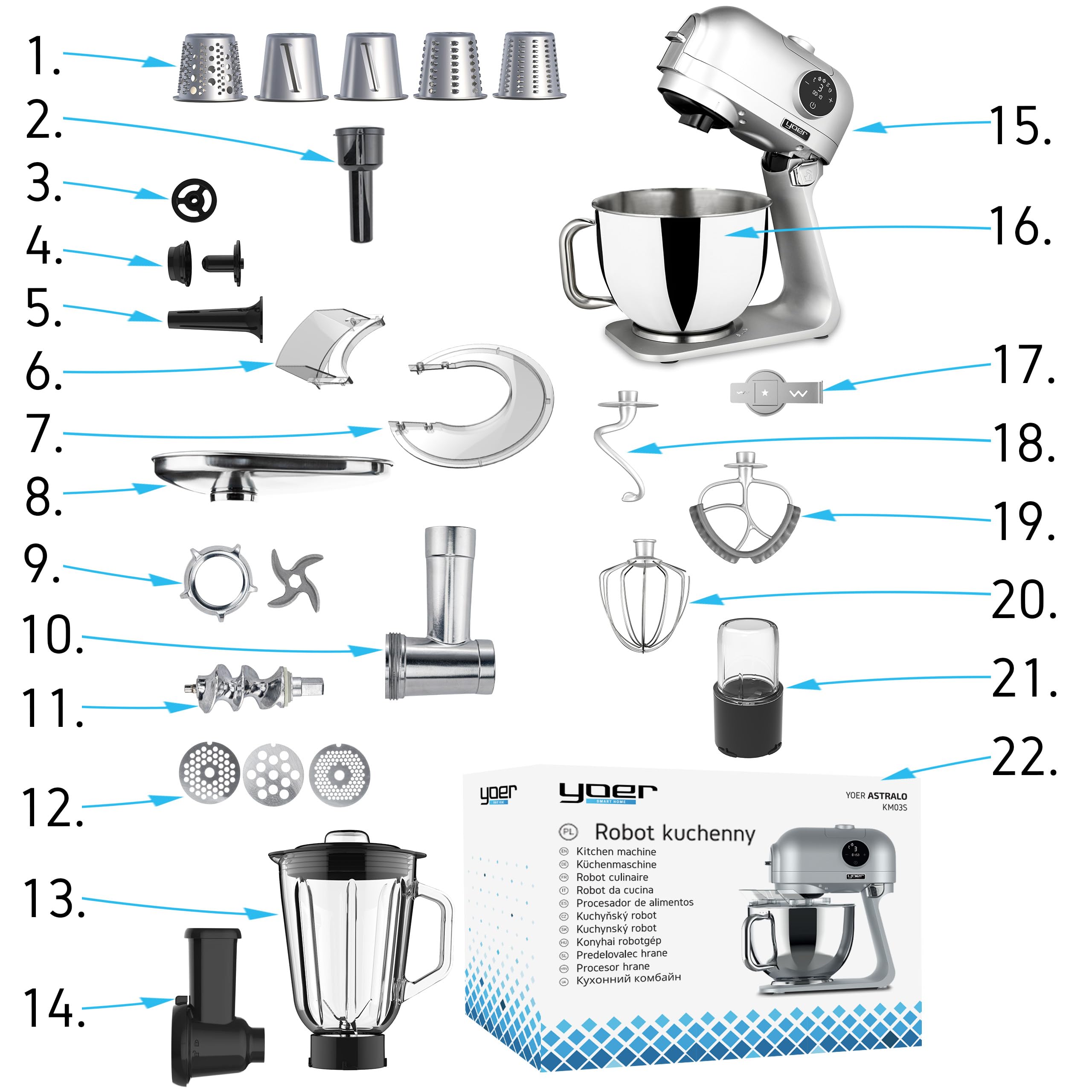 Yoer Astralo KM03S, Planetarny Robot Kuchenny 1200W, wielofunkcyjny, 39 elementów, mikser stojący, maszynka do mielenia, blender kielichowy, szatkownica, młynek, cicha praca, srebrny
