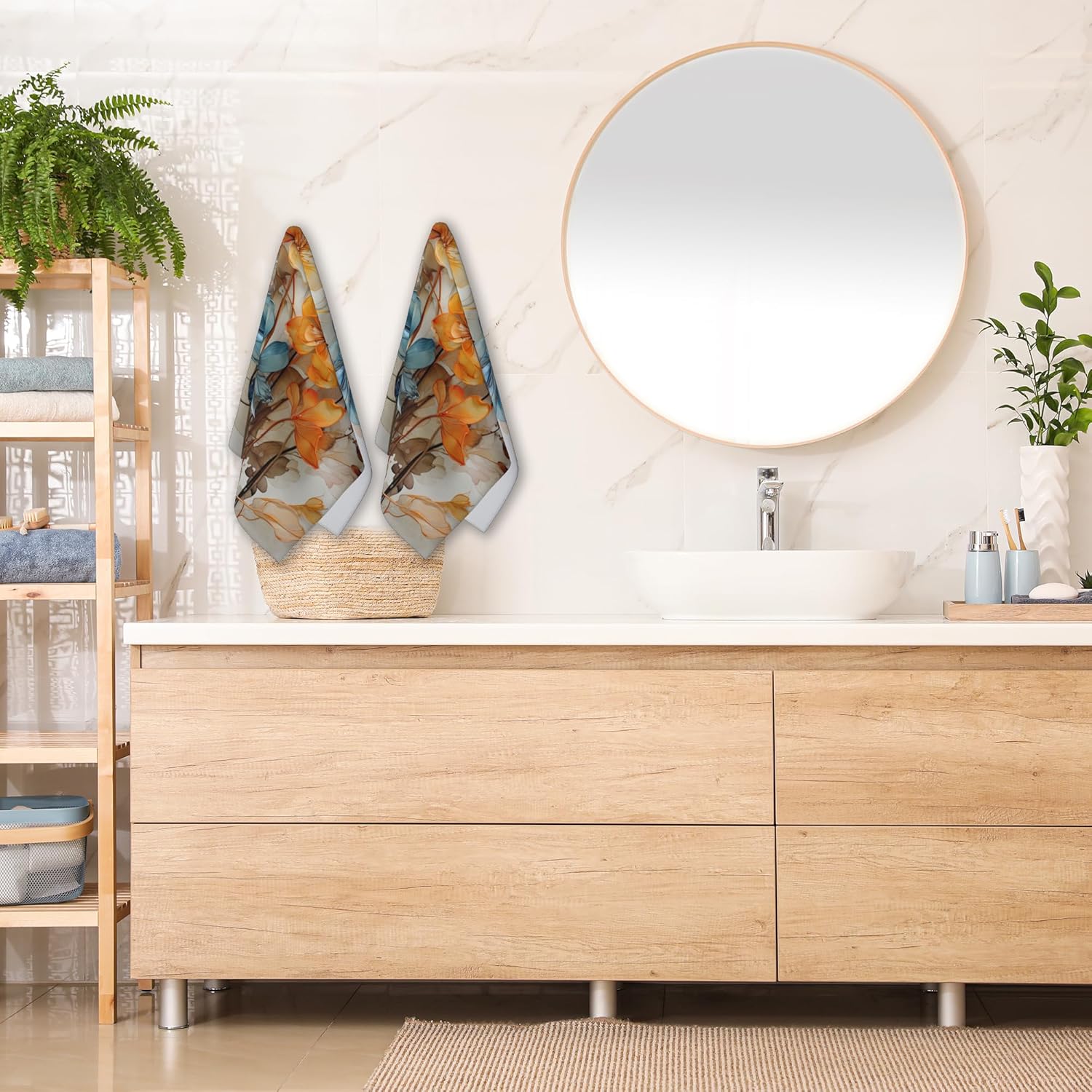 Colorful Abstract Teal Flower Cotton Towels - Set of 2 Soft Kitchen & Bathroom Hand Towels - 14"X28" - Image 5