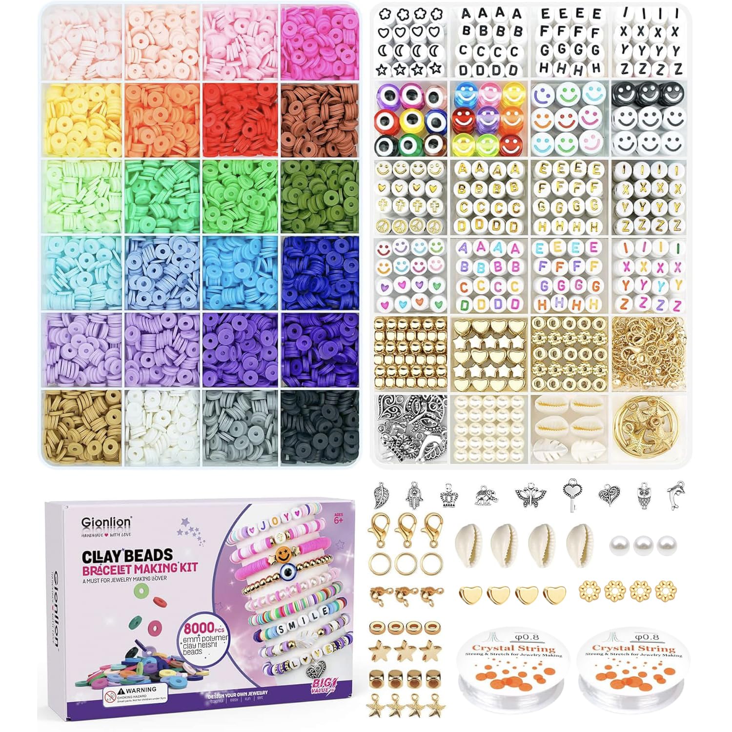 Gionlion Clay Beads Bracelet Making Kit, Pack 2 Boxes Preppy Letter Spacer Beads and Charms Kit for Friendship Jewelry Making, Arts and Crafts Gifts for Girls Ages 8-12