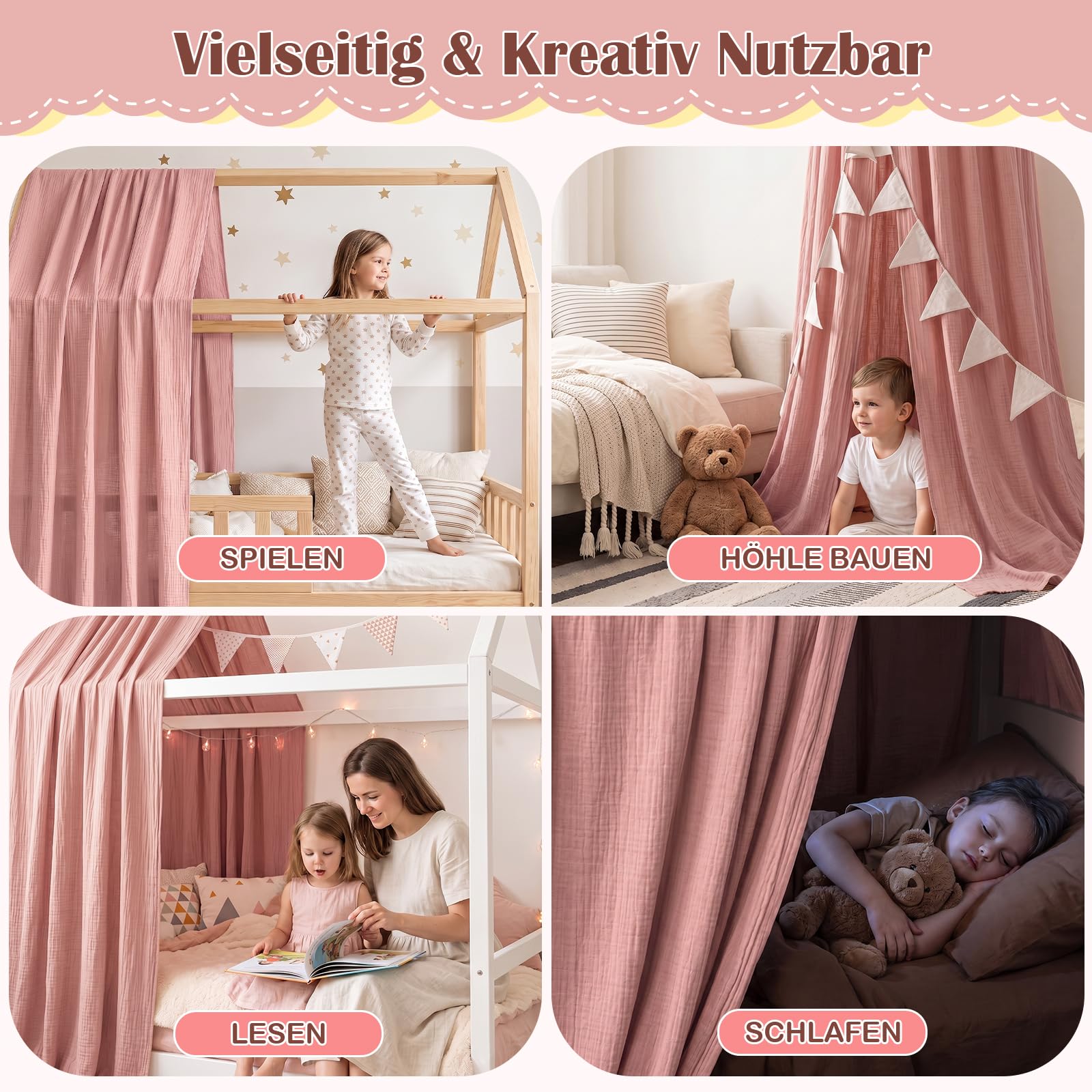 Hausbett Himmel - Betthimmel Hausbett aus 100% Baumwolle Musselin, Hausbett Vorhang für Kinderbett, Hausbett Deko Mädchen, Stoffhimmel für Hausbett & Himmelbett (Rosa, H350 x B135 cm (2 Stück))