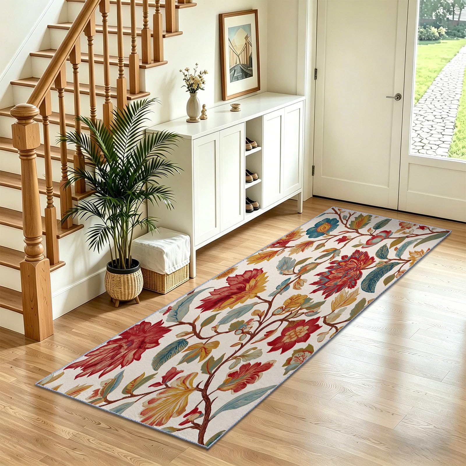 Tapis lavable en machine 60x240 cm à poils courts doux et rouge motif fleurs