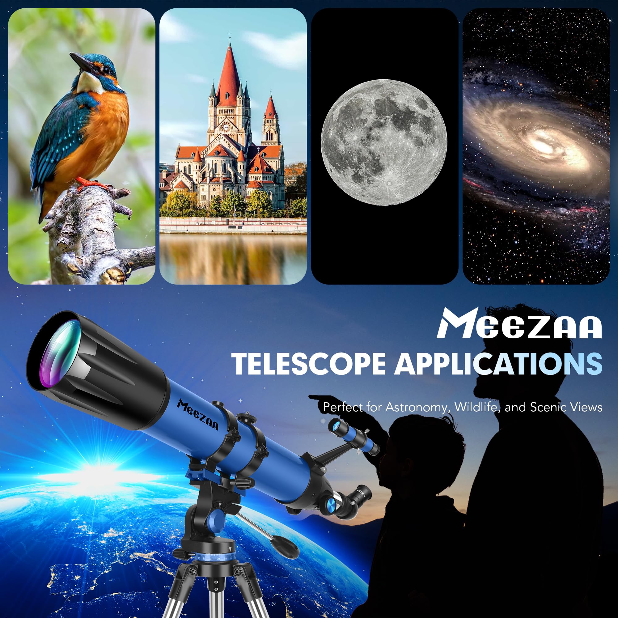 MEEZAA Teleskop, profesjonalny teleskop astronomiczny dla dorosłych, 90mm przysłona 800mm AZ Mount teleskopy refrakcyjne dla dzieci początkujących z statywem, adapterem do telefonu, torbą i filtrem