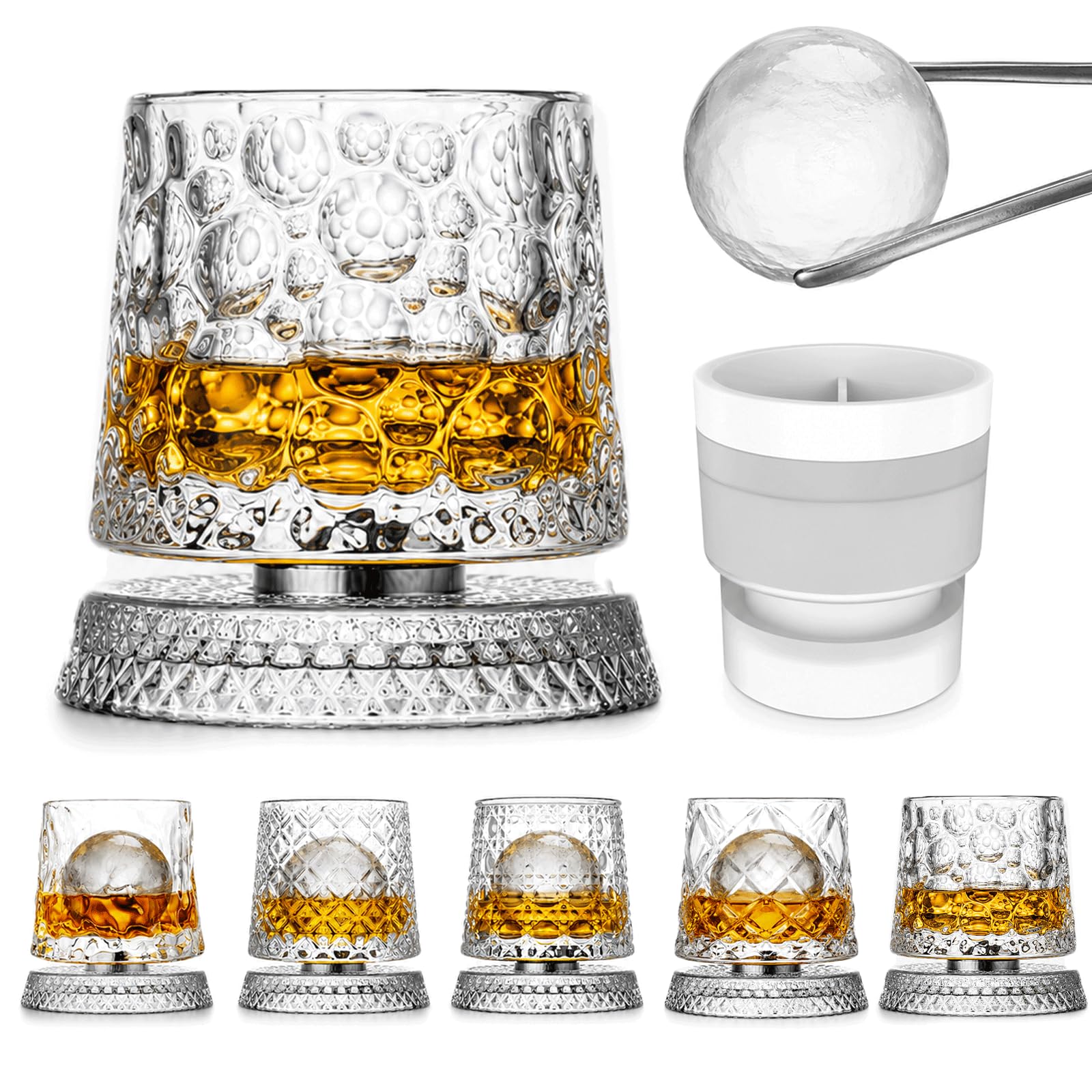 Rotating Whiskey Glass Set, 1Pc 360 Degree Spinning Whiskey Glass with 1Pc Ice Ball Mold, Crystal Clear Bourbon Scotch Glassware for Bar Party Home and Gift (1Pack，E-Bubble)