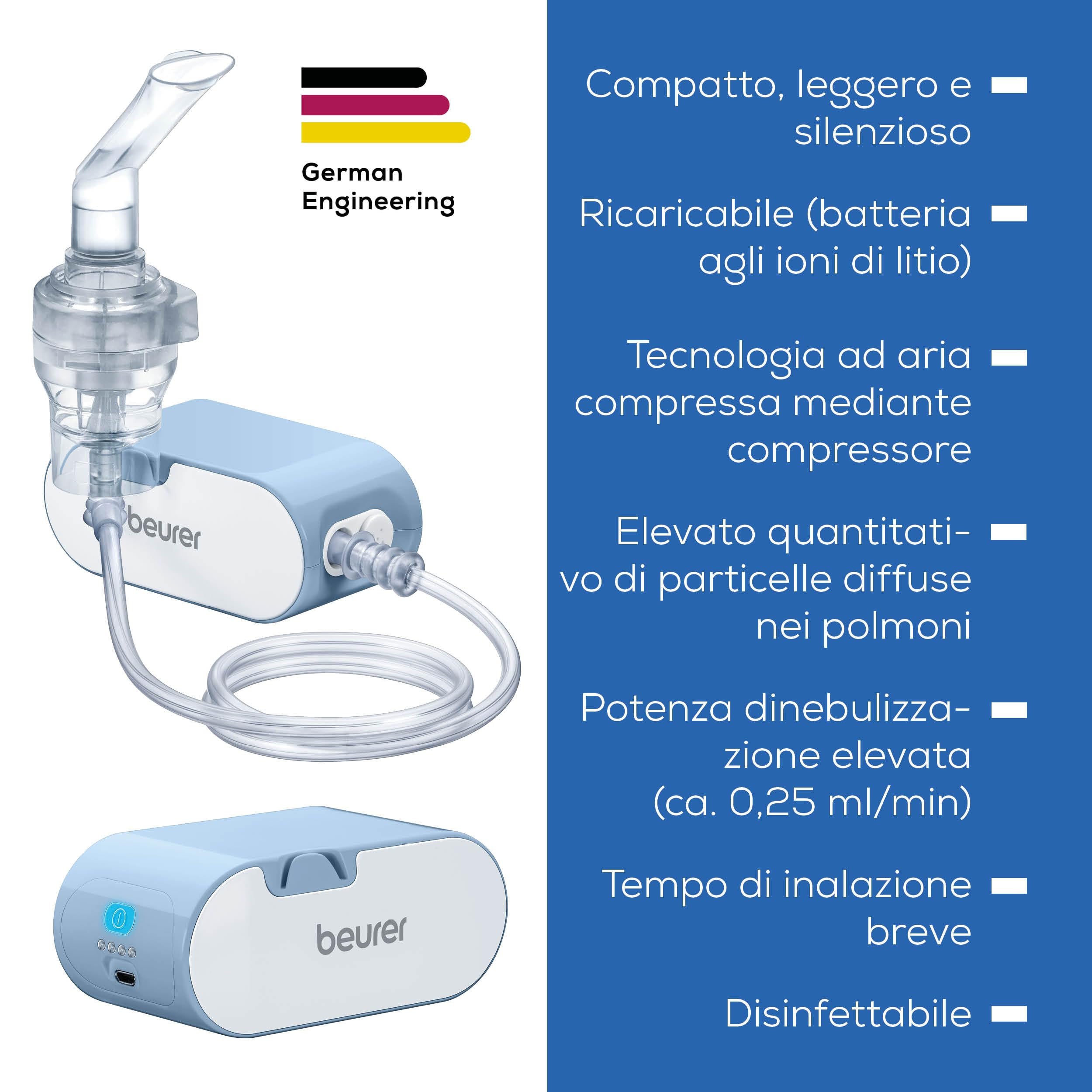 Beurer IH 60 Aerosol Portatile a Microcompressore con Batteria al Litio Ricaricabile, Compatto, Leggero e Silenzioso, Ideale in Viaggio, Inalazione Rapida circa 0.25 ml/min