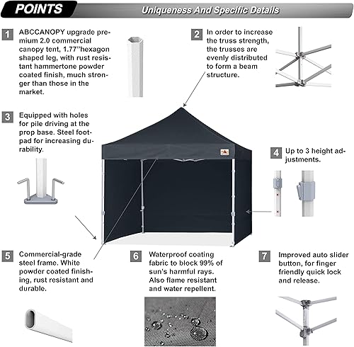 Miniatura 3 de ABCCANOPY Carpa Plegable de 10 x 10 pies, toldo comercial instantáneo para exteriores, serie premium con 3 paredes laterales y patas hexagonales,