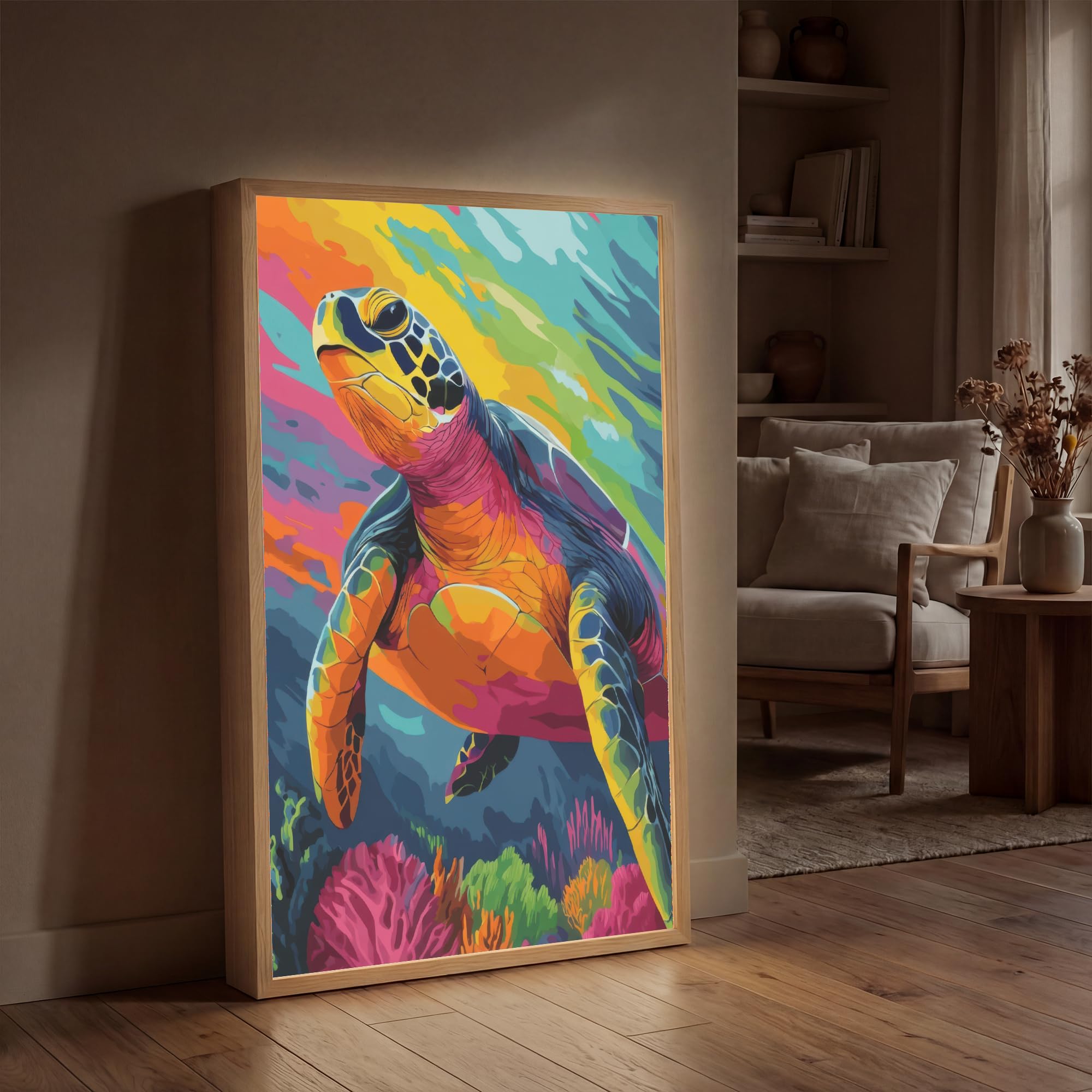Moderne LED Wandleuchte Innen 60x90 cm Aufladbar Wandbeleuchtung Schlafzimmer Nachtlampe Flach Fernbedienung Warmes Still Licht Dimmbare Lampe Koralle - Schildkröte - Abstrakt - Wasser
