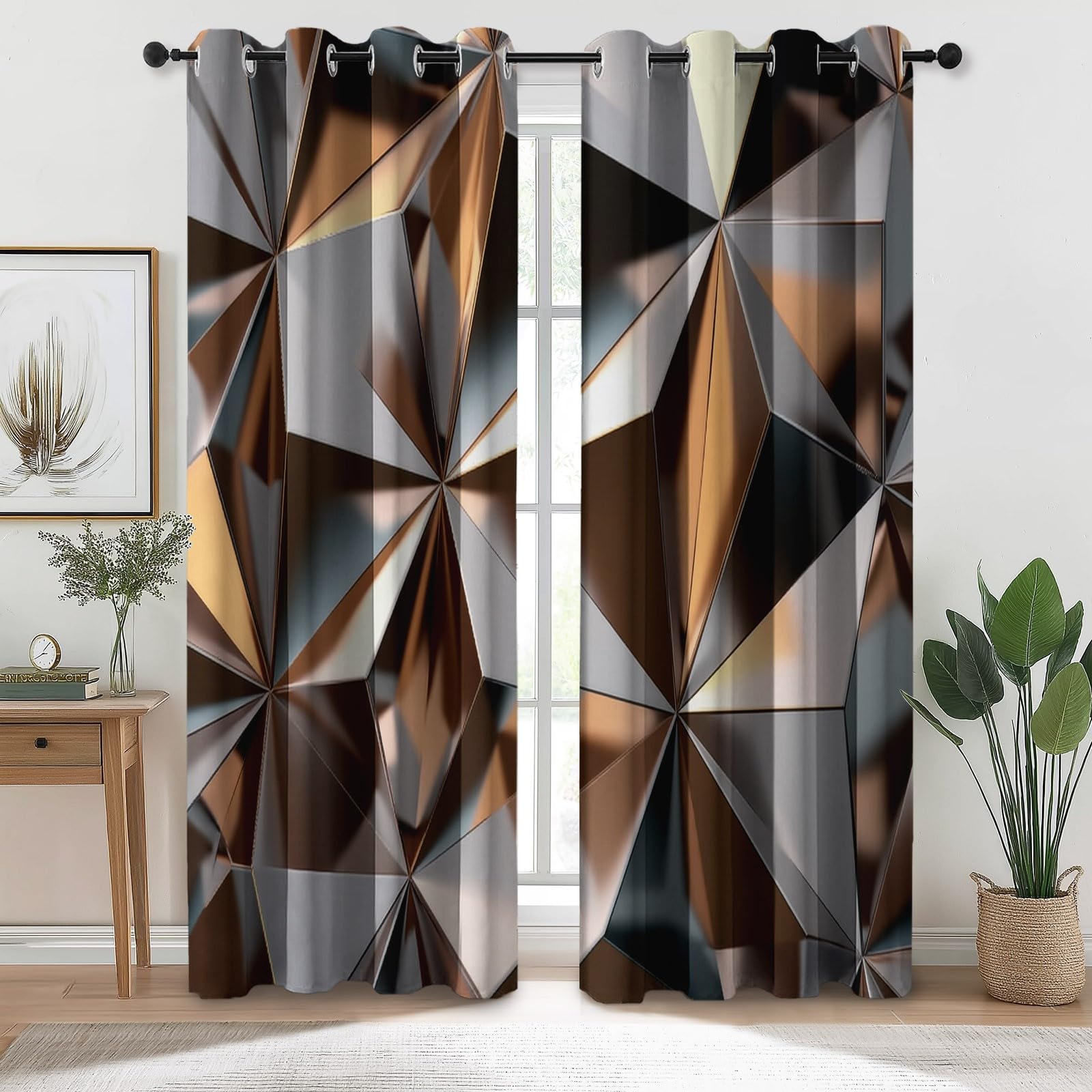 Rideaux Occultants Isolants Anti-Froid 91.5L X 160H cm (2 Panneaux), Design Luxe Moderne Géométrique, Tenture à Œillets Opaque pour Salon et Chambre, Argent Marron