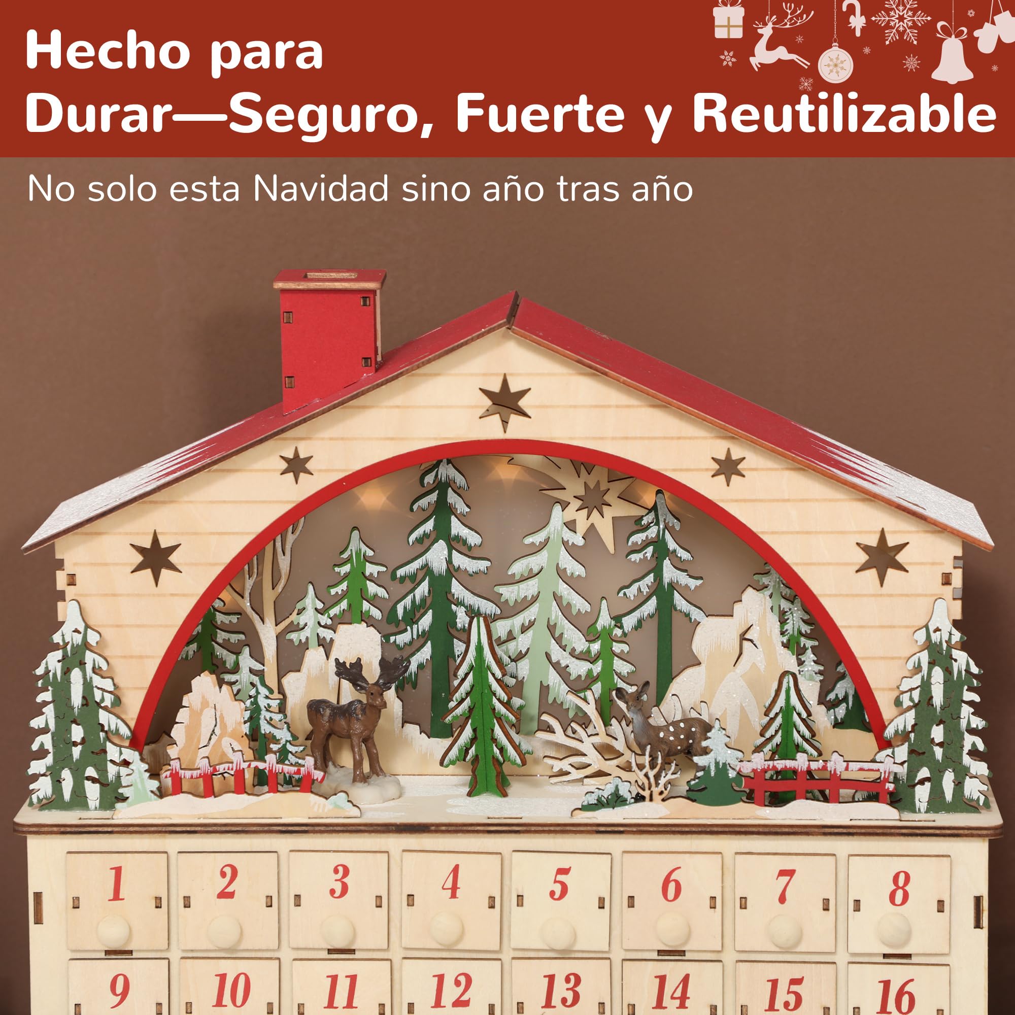 HOMCOM Calendario de Adviento para Rellenar de Madera, con Luces LED y 24 Cajones, Calendario de Adviento de Navidad Reutilizable con Escena de Pueblo, Decoración Navideña, 36x10x34 cm, Natural