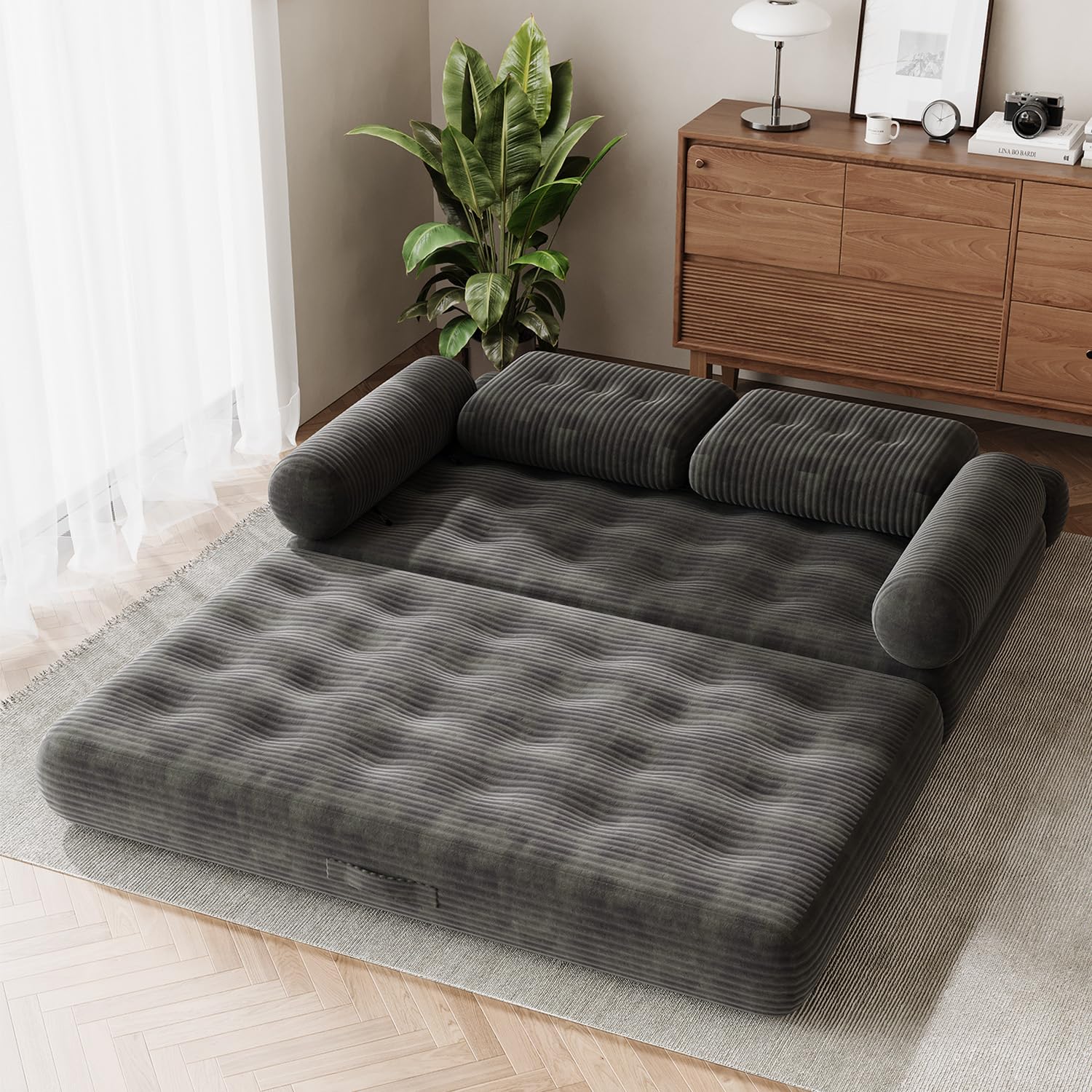 59" Convertible Sofa Bed, 5-in-1 Folding Sleeper Chair - Grey, Full | Loveseat Fold Out Boneless Couch Futon Floor Mattress Lounge with Pillows Removable Armrests for Dorm Apartment Living Room