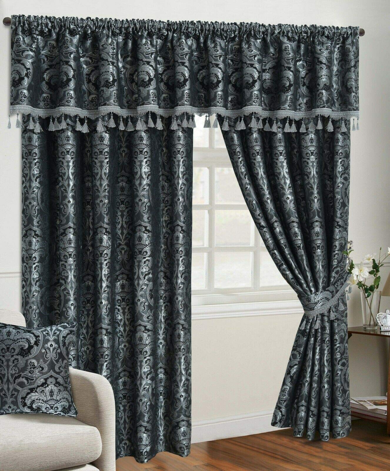 Householdfurnishing Grey Curtain Pair Tieback Heavy Jacquard Pencil Pleat Pelmet (, W 46 X L 72)