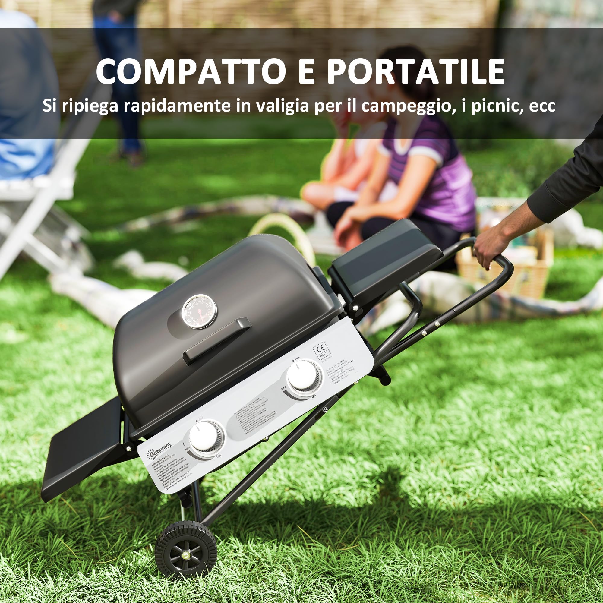 Outsunny Barbecue a Gas in Acciaio, BBQ a Gas a 2 Bruciatori da 2.8 KW con Coperchio, Termometro, Ruote, Griglie, Tavolino Laterale e Vaschetta Raccogli Grasso, Regolatore, Nero