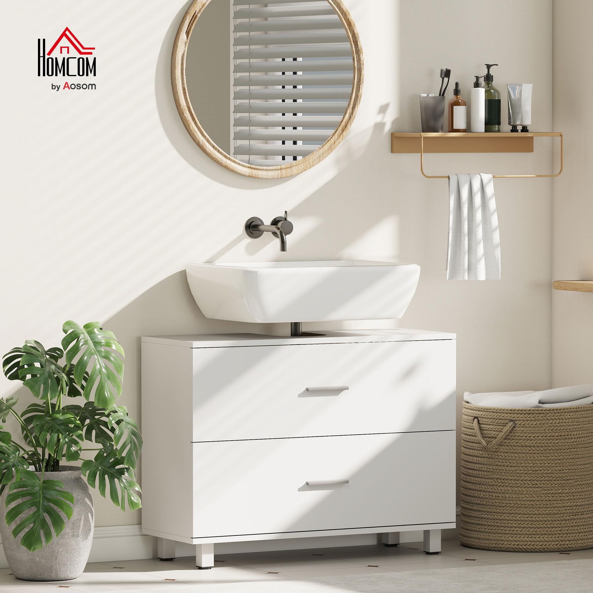 HOMCOM Mueble Bajo Lavabo, Mueble de Baño con 2 Cajones, Armario de Baño de Pie, Estilo Moderno, para Lavabo sin Pedestal, 80x30x60 cm, Blanco