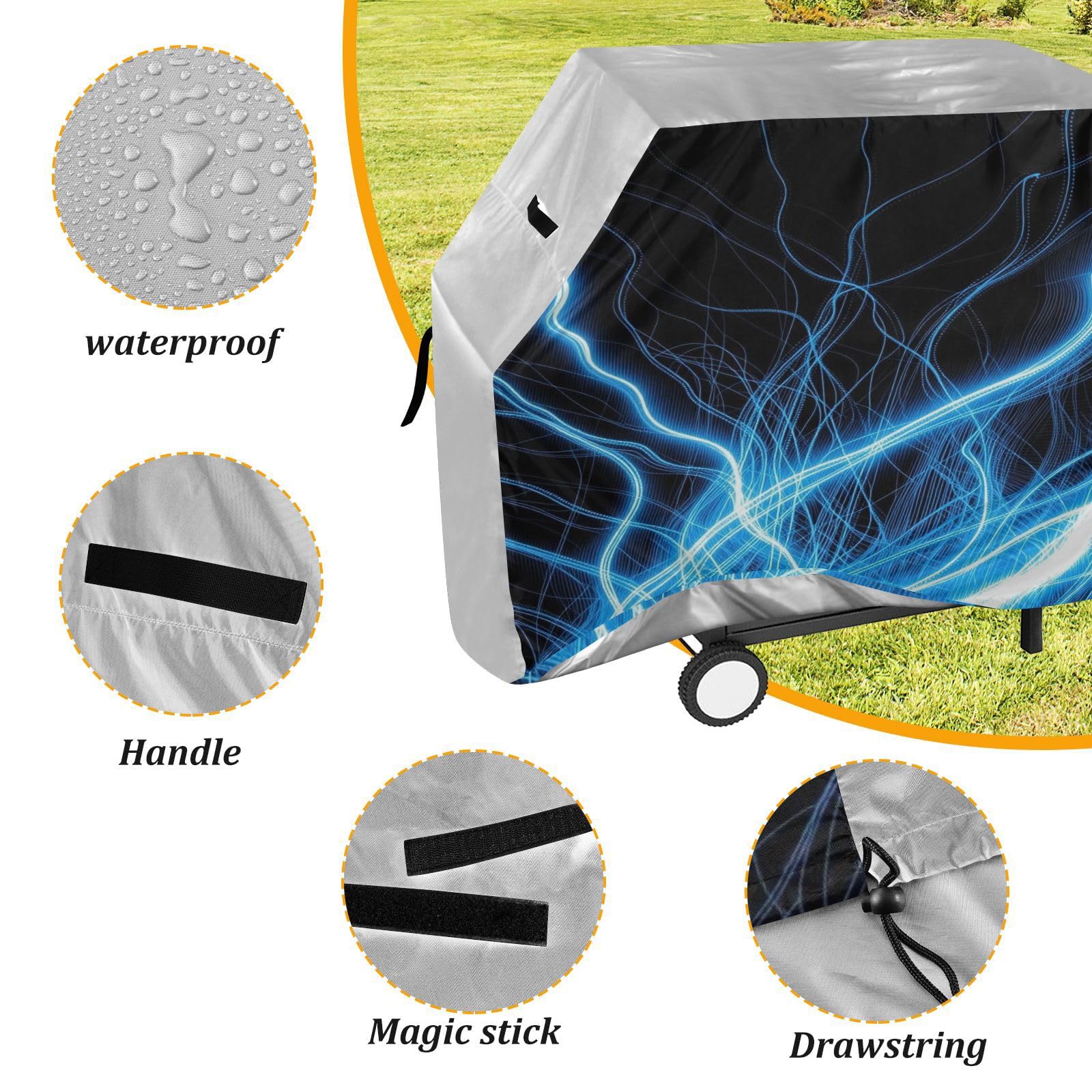 Funda para parrilla de barbacoa de 65 pulgadas, resistente con cordón ajustable para parrilla de barbacoa al aire libre, color azul eléctrico, diseño de rayo