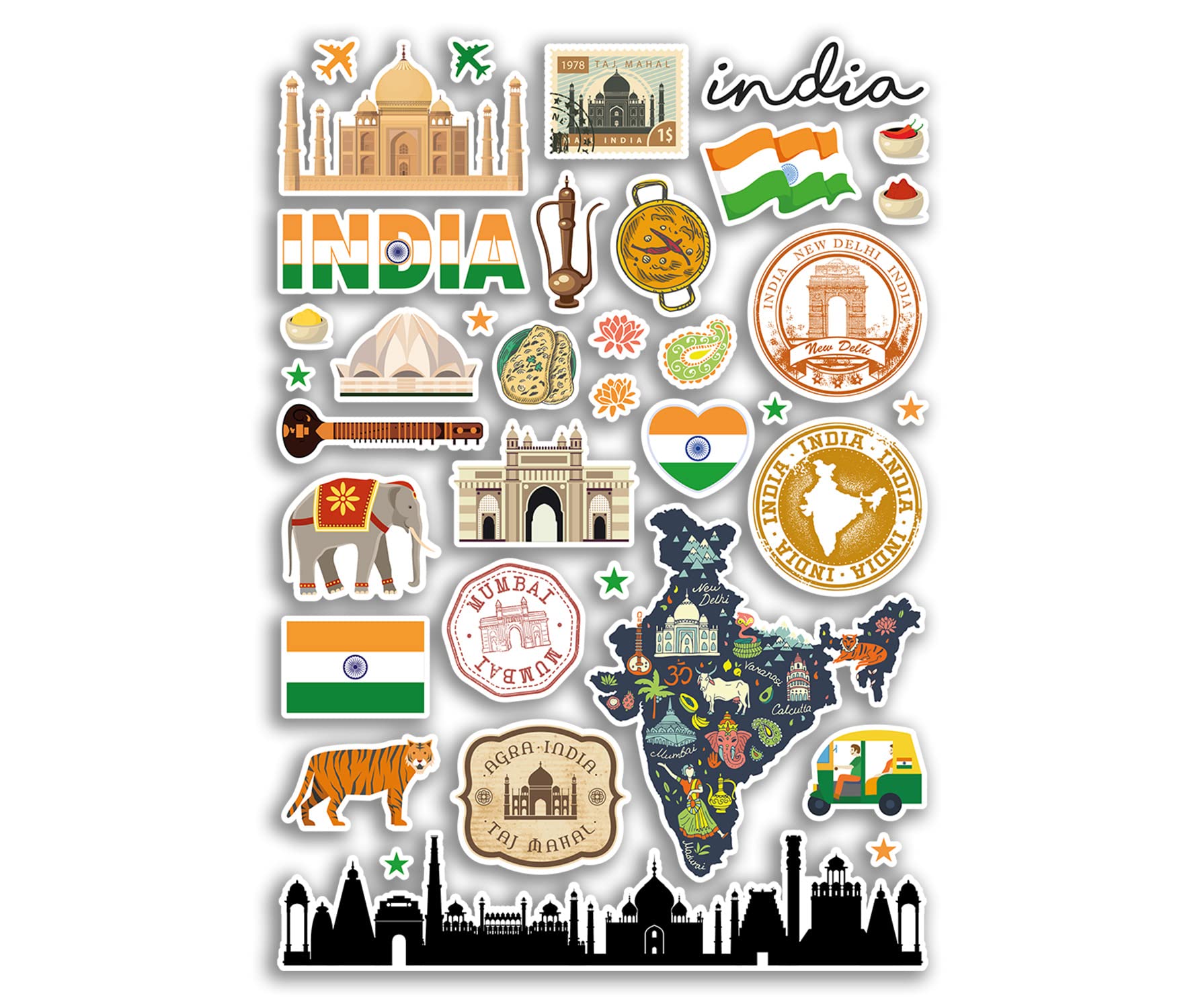 A4 Sticker Sheet India Landmarks Vinyl Stickers - Indian Delhi City Map Airport Stamp Skyline Flag Travel Holiday Culture Aesthetic #79995