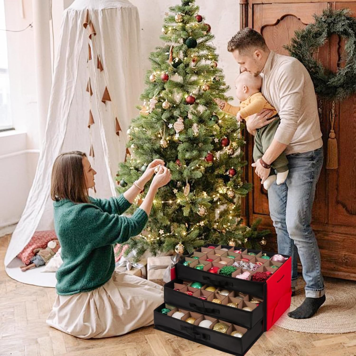 christmas ornament storage container box, adjustable dividers- large christmas ball storage boxes with 3 removable trays keeps holiday decorations (72-4")