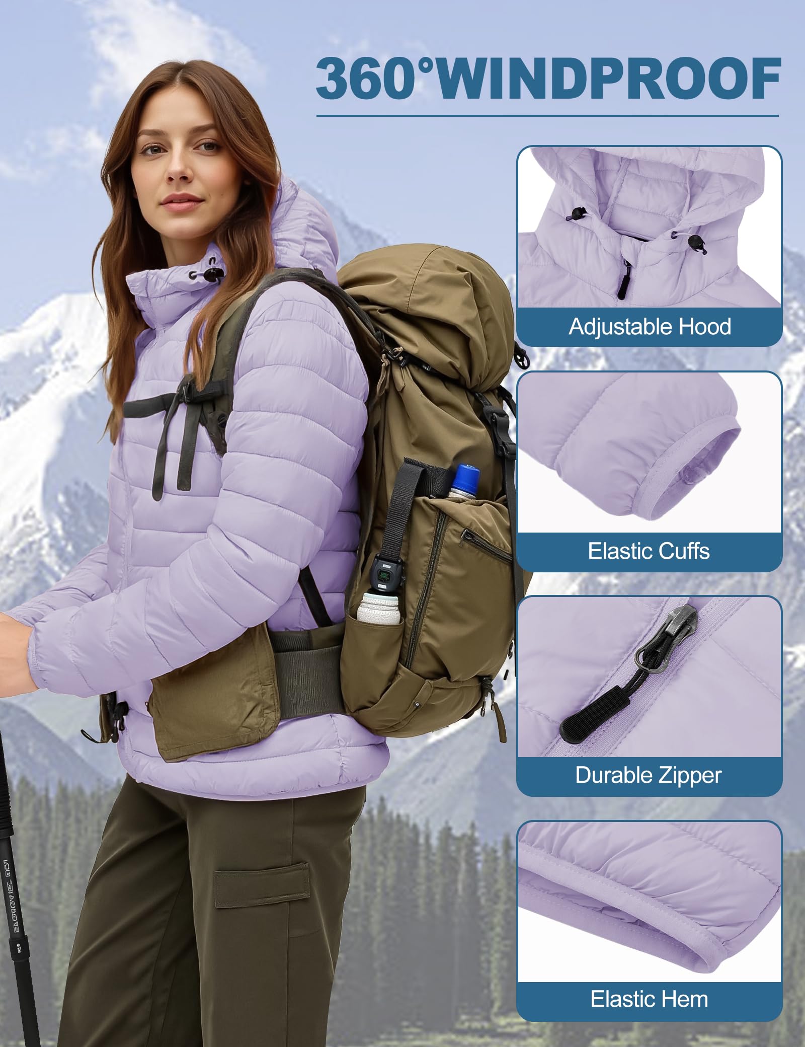 Women's Lightweight Packable Puffer Jacket Quilted Insulated Warm Winter Coat Full-Zip Hooded Outerwear for Hiking Travel