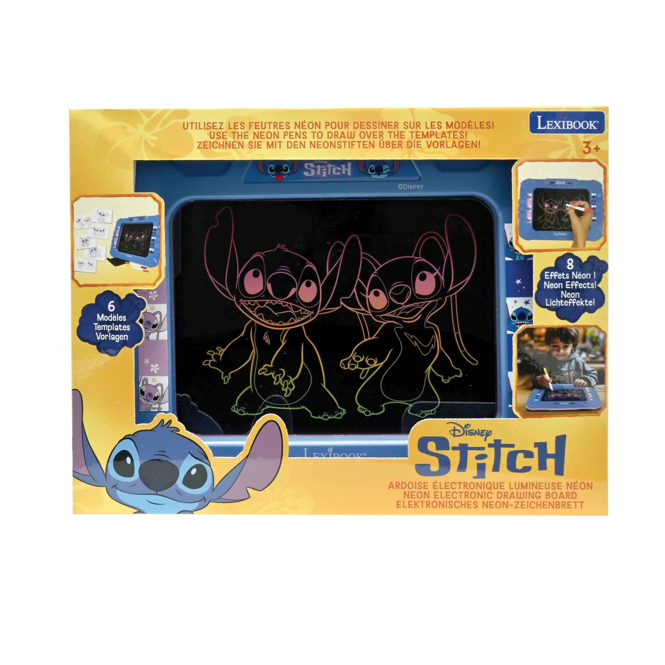 Lexibook, Disney Stitch, Tabliczka elektroniczna, CRNEOD | Efekt światła neonowego, 8 efektów świetlnych, 6 wzorów, 2 kolorowe markery i ściereczka
