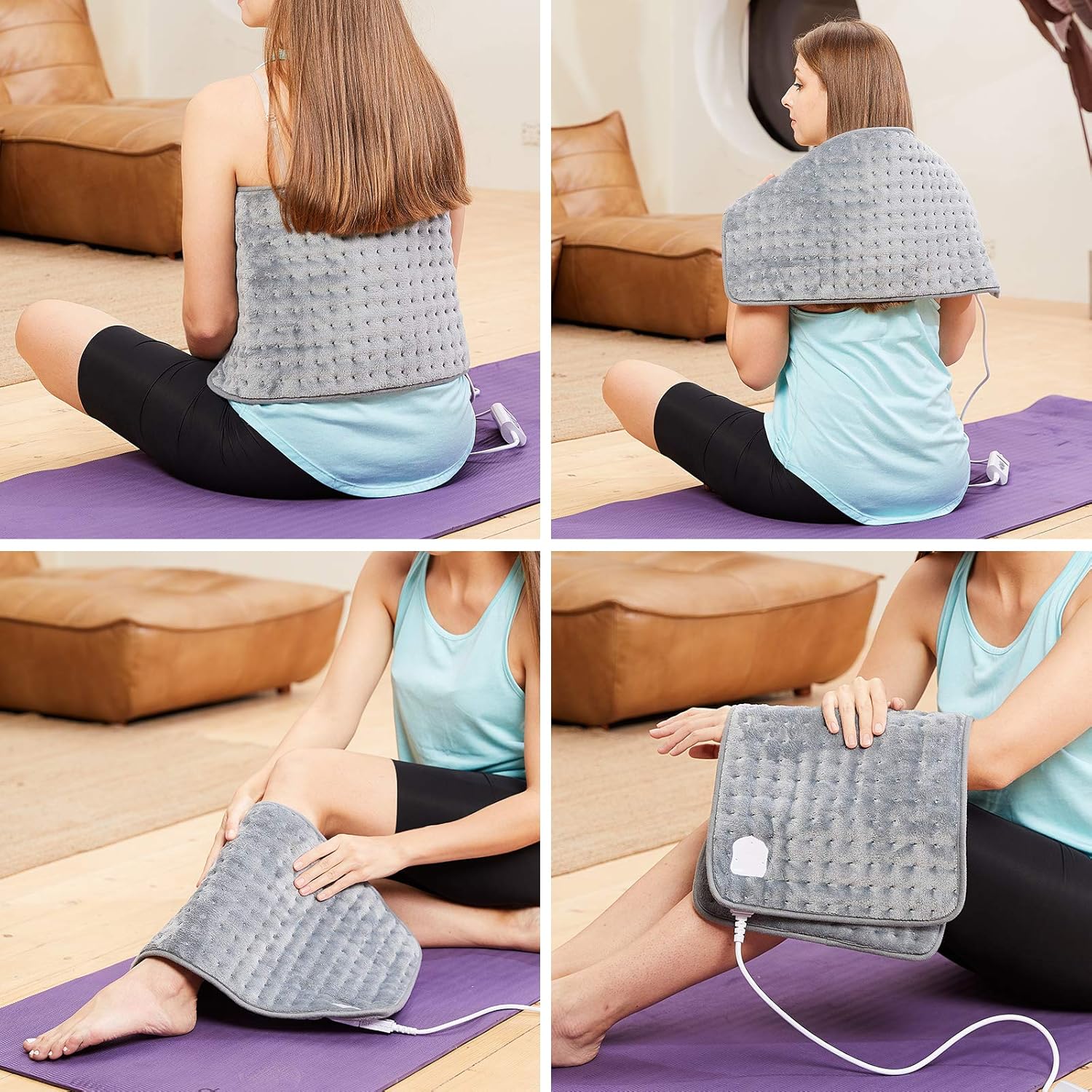 Collage showing the Mia&Coco heating pad used on the back, shoulders, knees, and folded for storage.