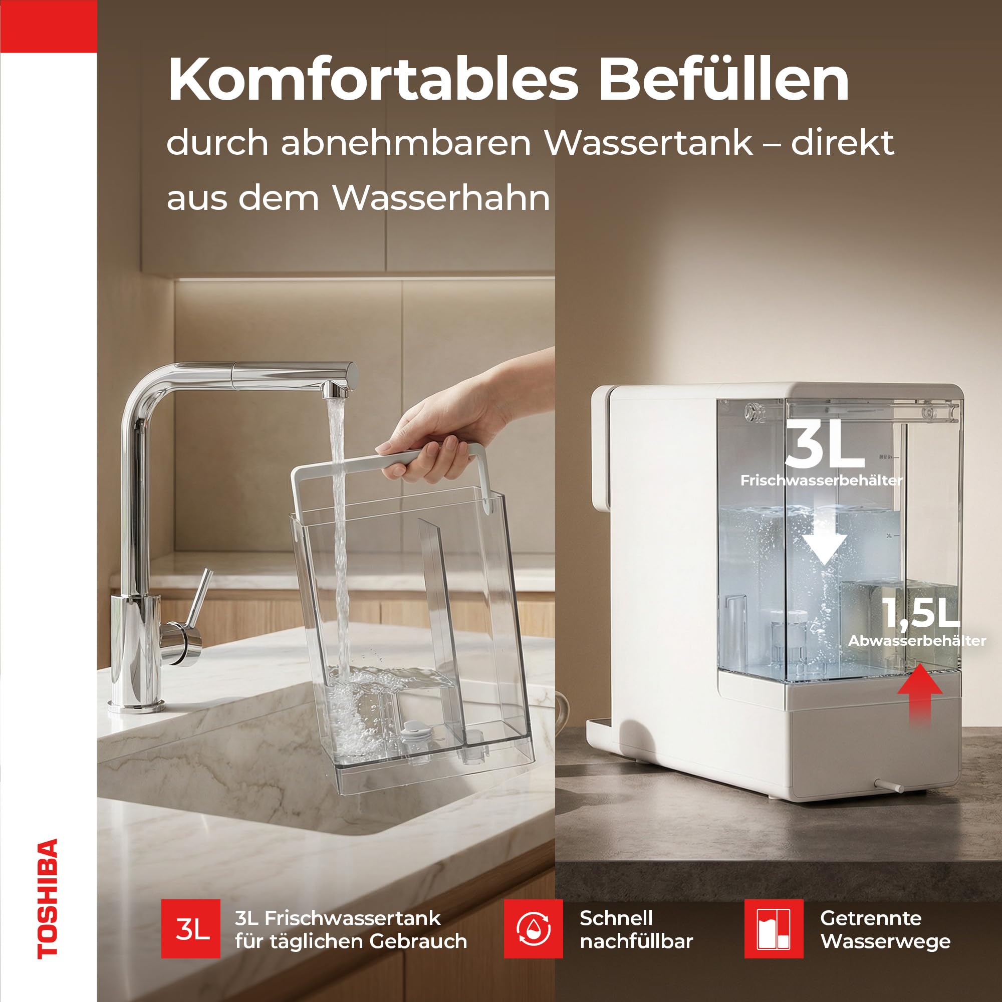 Toshiba Osmoseanlage Umkehrosmoseanlage Heißwasserspender Auftisch Keine Installation Mehrfach-Filterung Mineralisierung UV Licht NSF zertifiziert