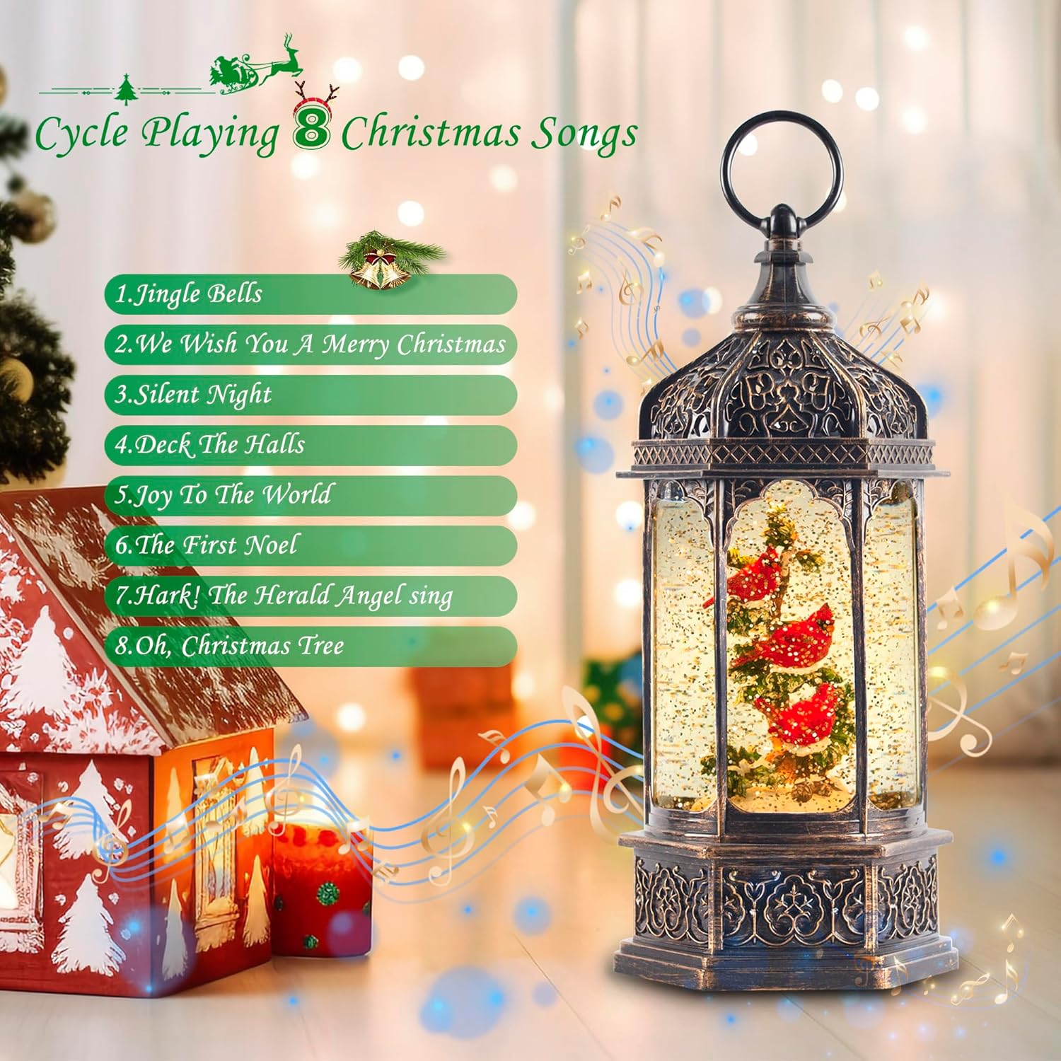 12.8" Christmas Snow Globe Lantern Christmas Decorations Indoor with Swirling Glitter Three Cardinals in The Tree, Lighted Musical Snow Globes for Home Decoration USB Powered or Battery Operated