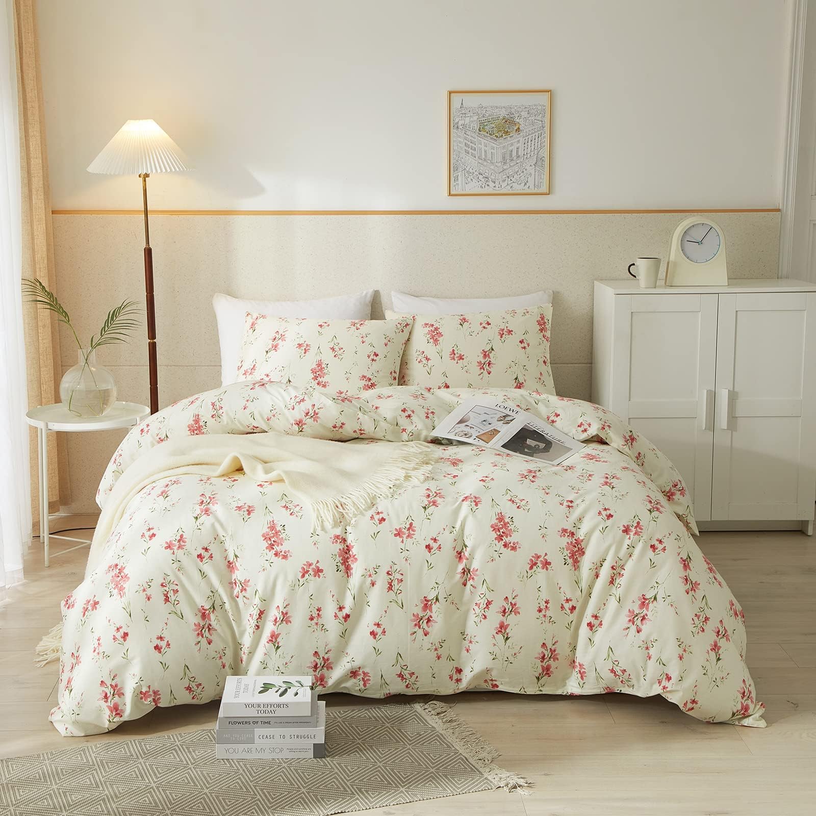Tabeskly Red Floral flower Soft Zipper Bed Bedding Duvet Cover Set Double Beige 200×200cm, Multicolor1-4, Double(200×200cm)