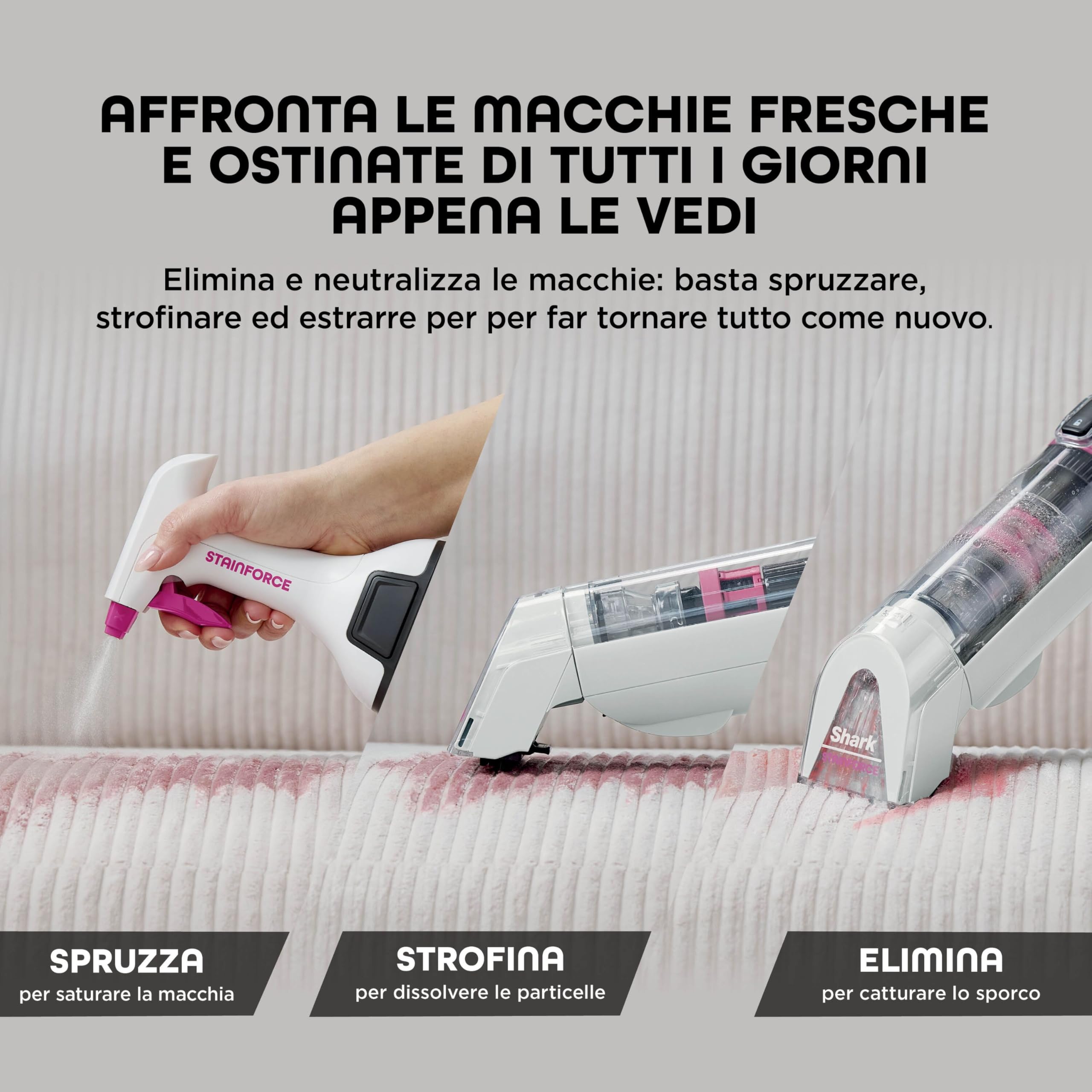 Shark StainForce Pulitore elettrico senza filo leggero, Elimina macchie e odori da tappeti, moquette, tappezzeria, scale, auto. Con cestello di stoccaggio, accessori e soluzione detergente, HX100EUT